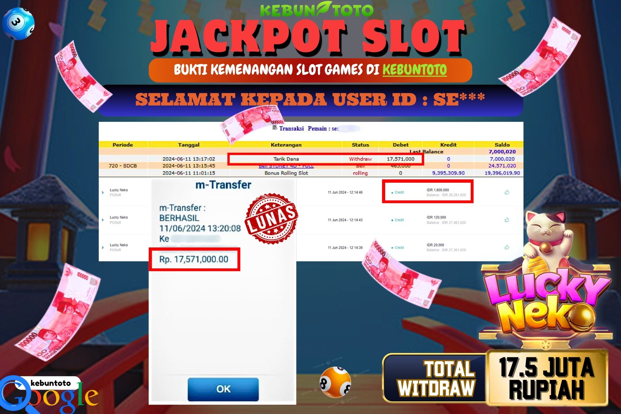 KEBUNTOTO JACKPOT SLOT LUCKY NEKO Rp.17.571.000,- LUNAS