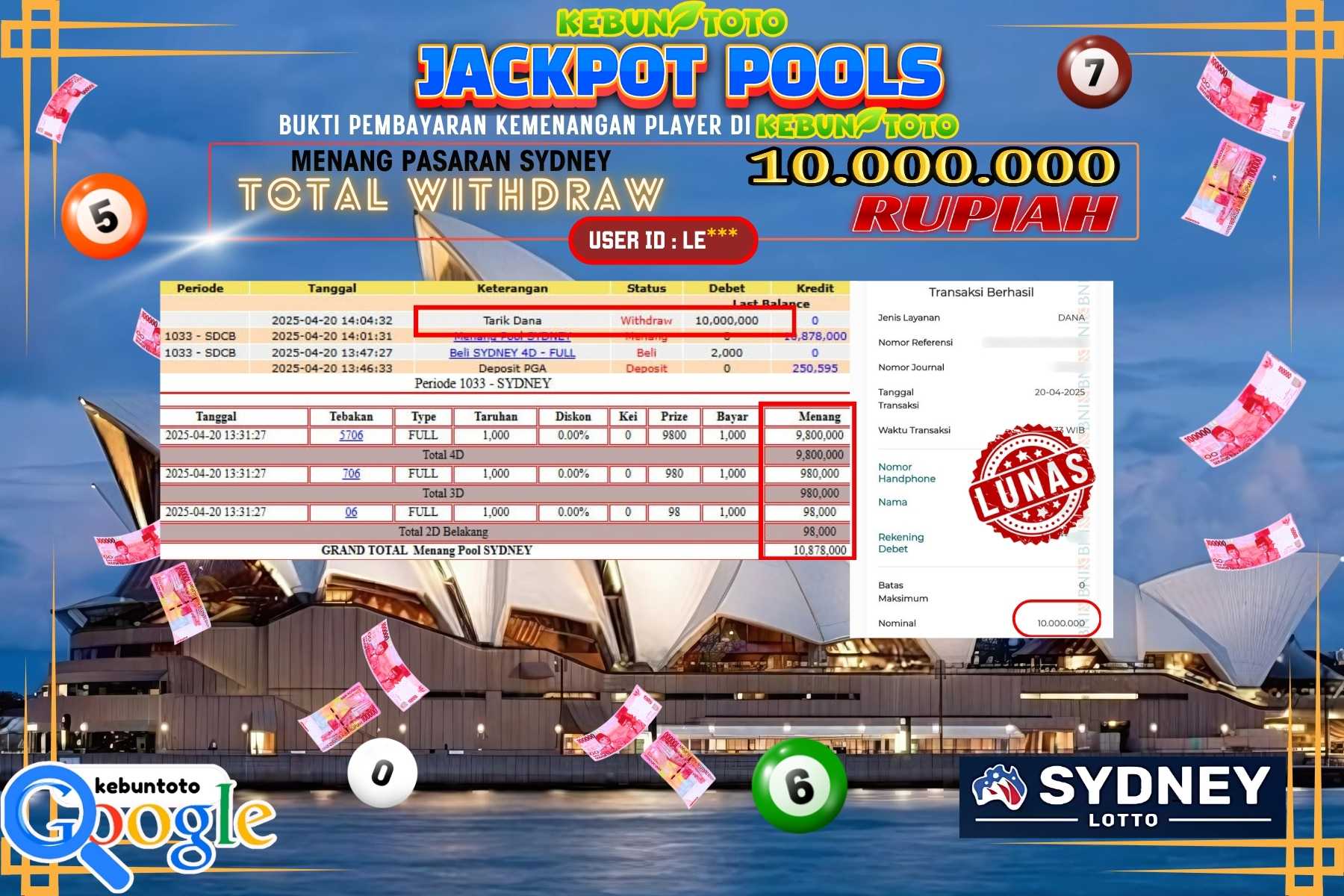 KEBUNTOTO JACKPOT, TOTO SYDNEY POOLS Rp 10.000.000,- LUNAS