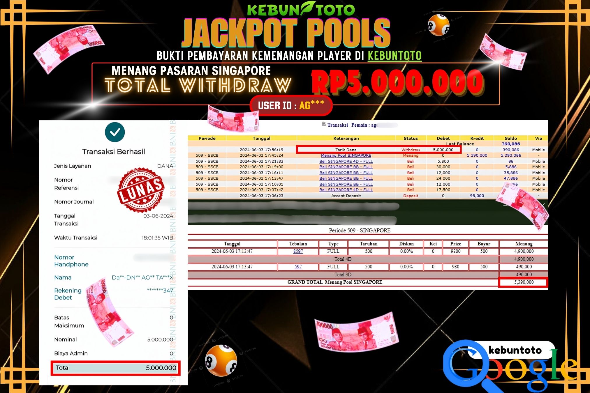 KEBUNTOTO JACKPOT TOGEL PASARAN SINGAPORE Rp.5.000.000,- LUNAS