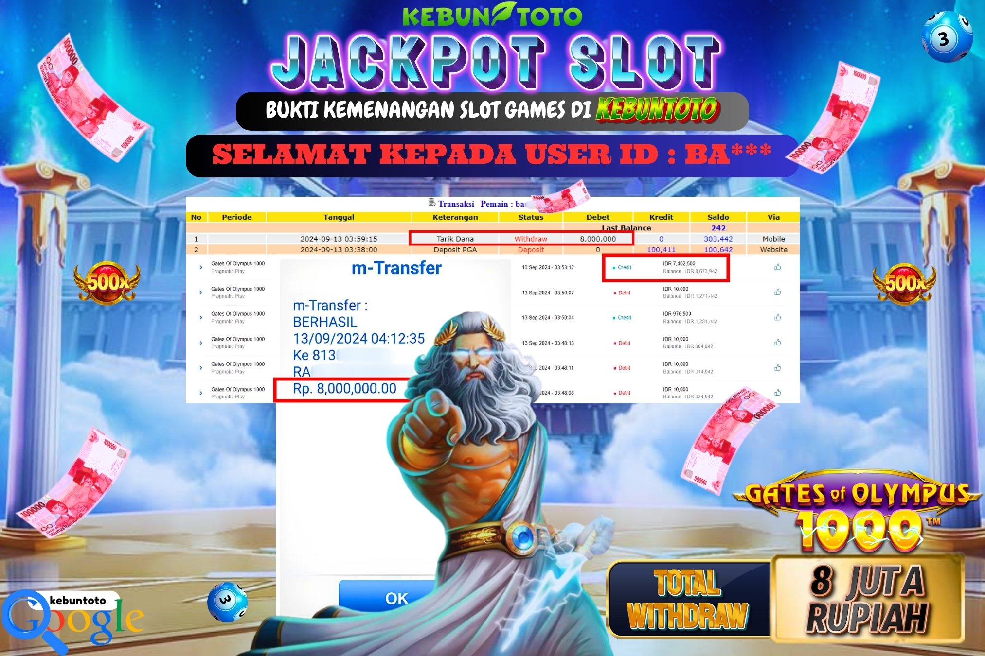 KEBUNTOTO JACKPOT SLOT GATES OF OLYMPUS 1000 Rp.8.000.000,- LUNAS