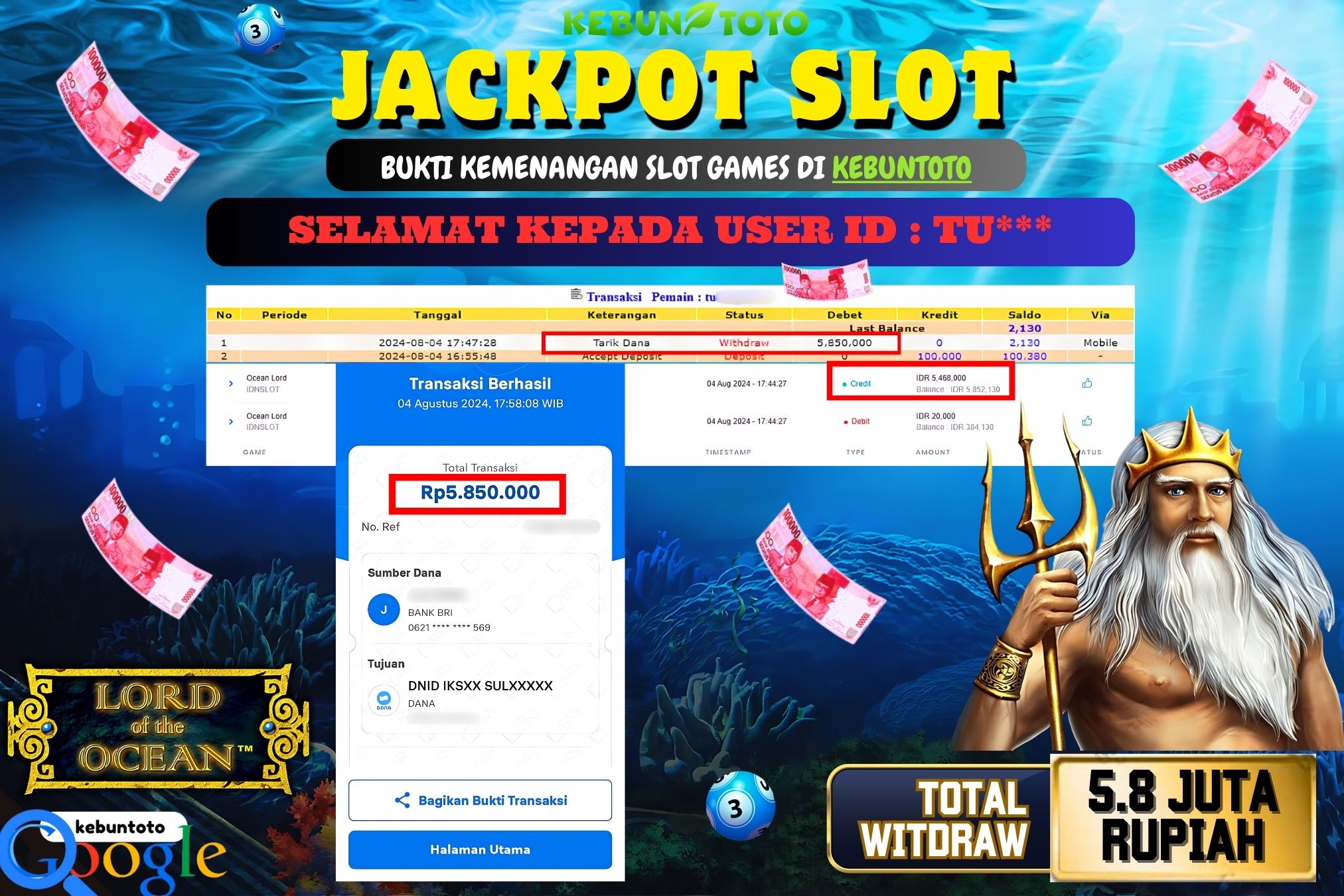 KEBUNTOTO JACKPOT SLOT OCEAN LORD Rp.5.850.000,- LUNAS