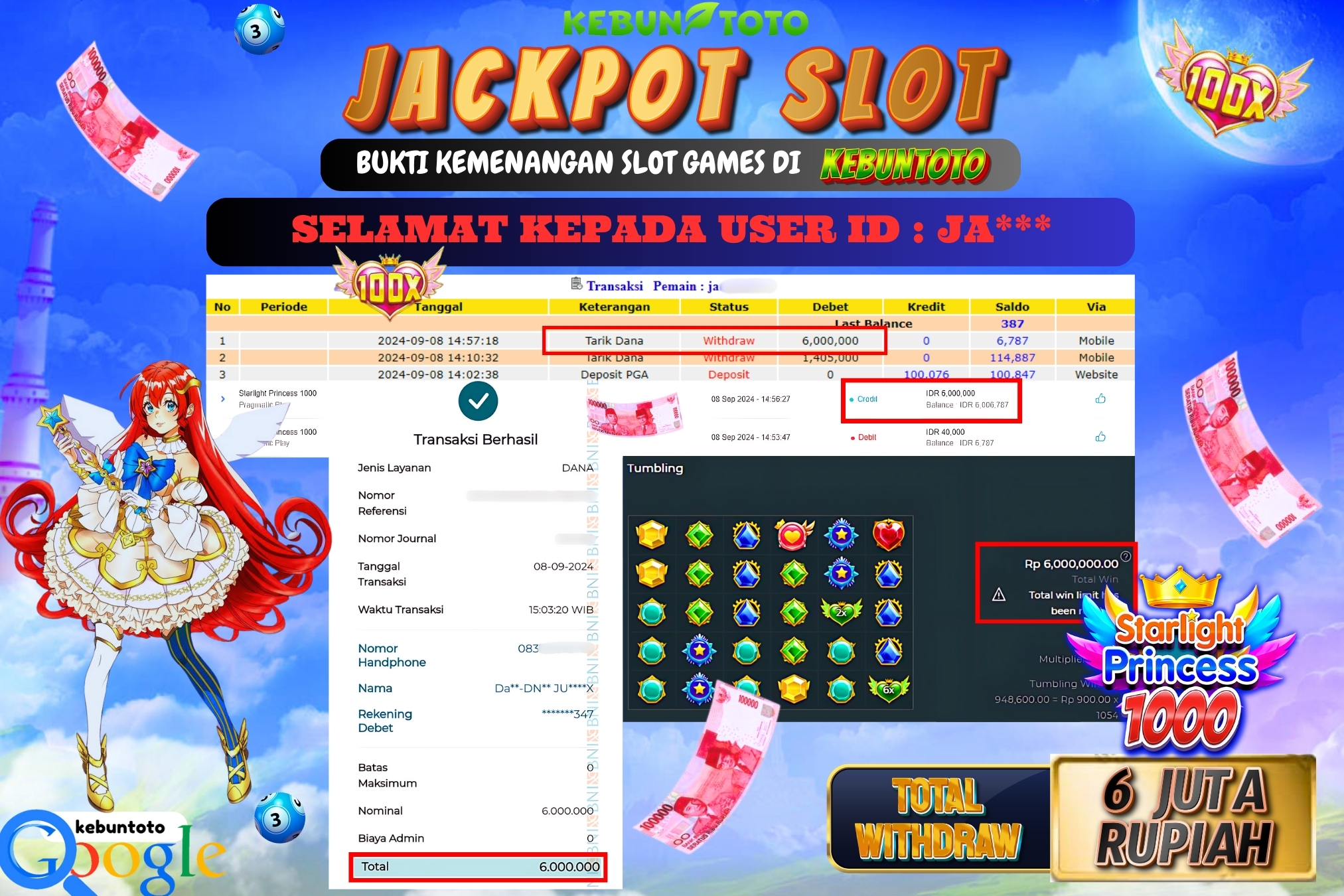 KEBUNTOTO JACKPOT SLOT STARLIGHT PRINCESS 1000 Rp.6.000.000,- LUNAS