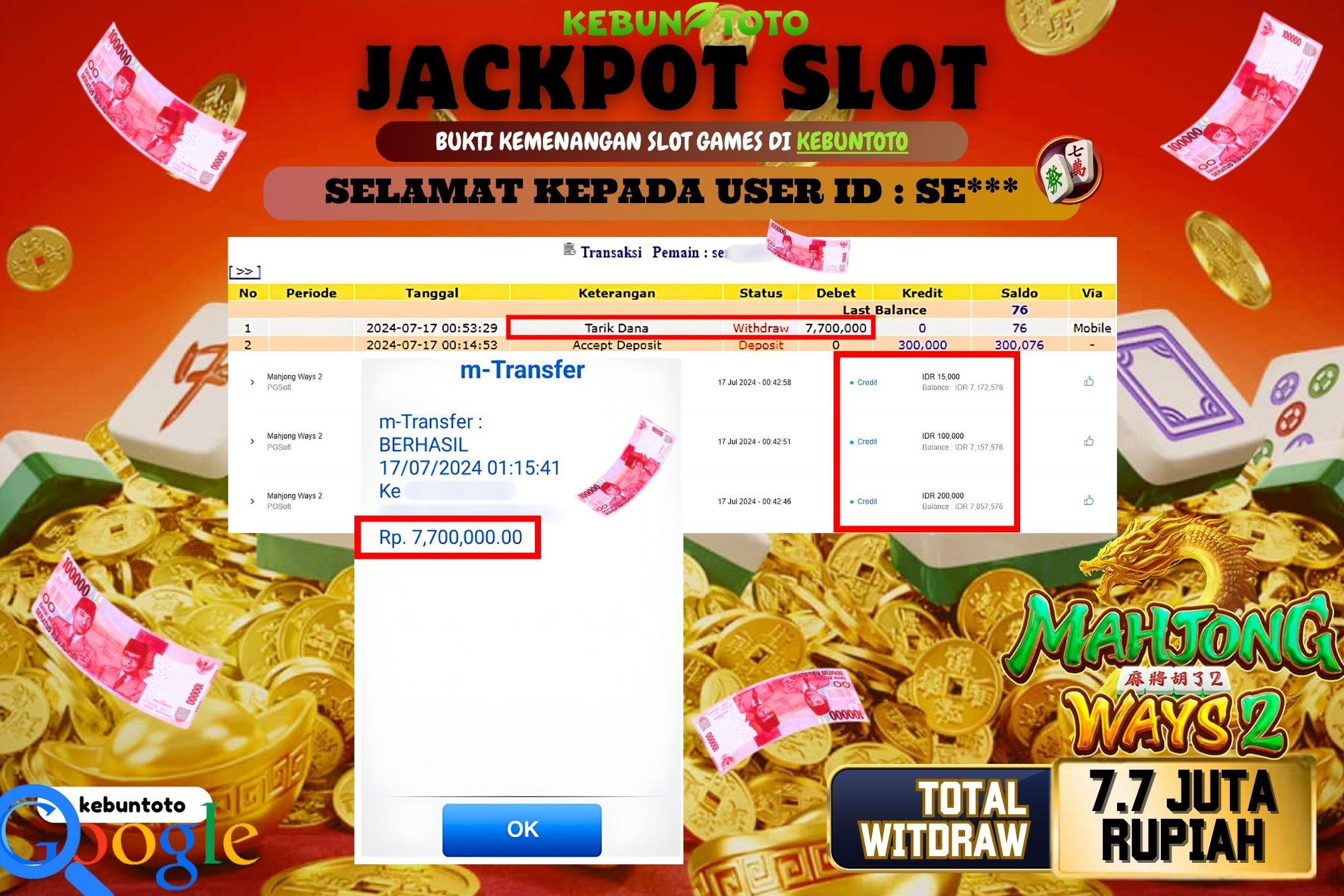 KEBUNTOTO JACKPOT SLOT MAHJONG WAYS 2 Rp.7.700.000,- LUNAS