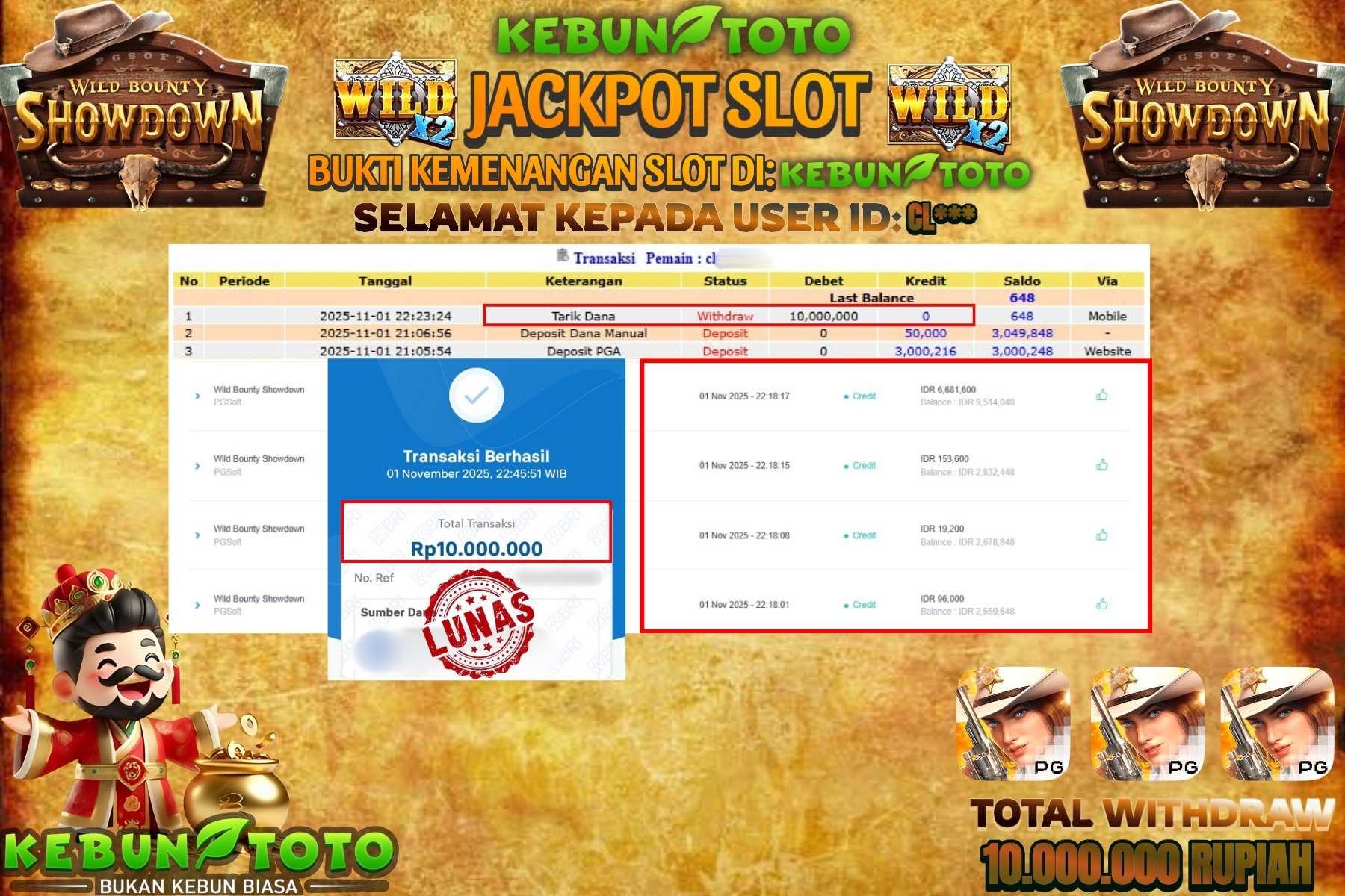 Bukti Kemenangan Rp 10.000.000 SLOT WILD BOUNTY SHOWDOWN di KEBUNTOTO!