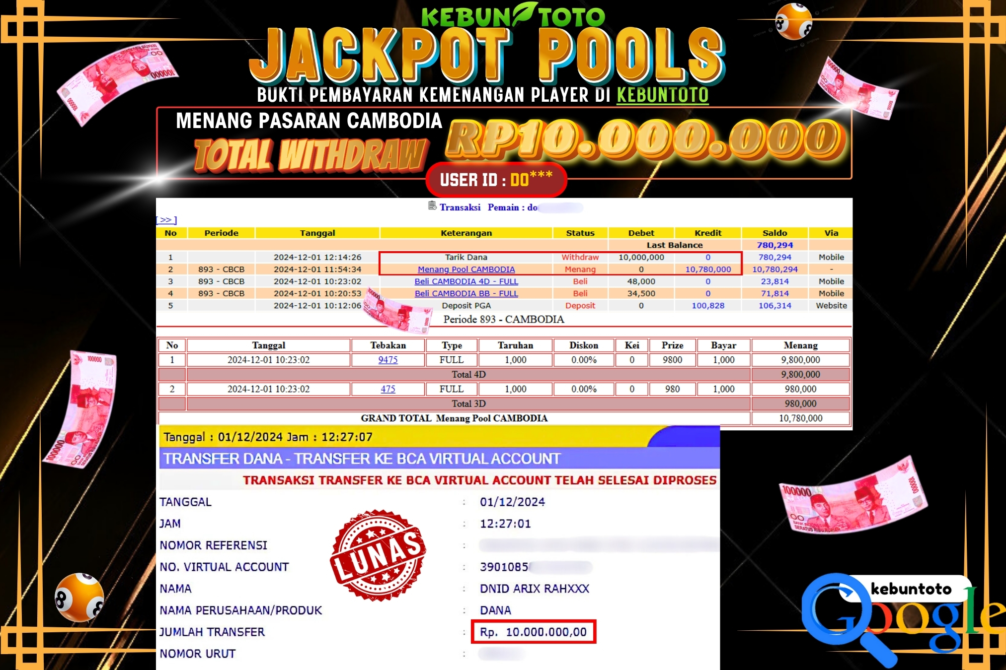 KEBUNTOTO JACKPOT TOGEL PASARAN CAMBODIA Rp.10.000.000,- LUNAS