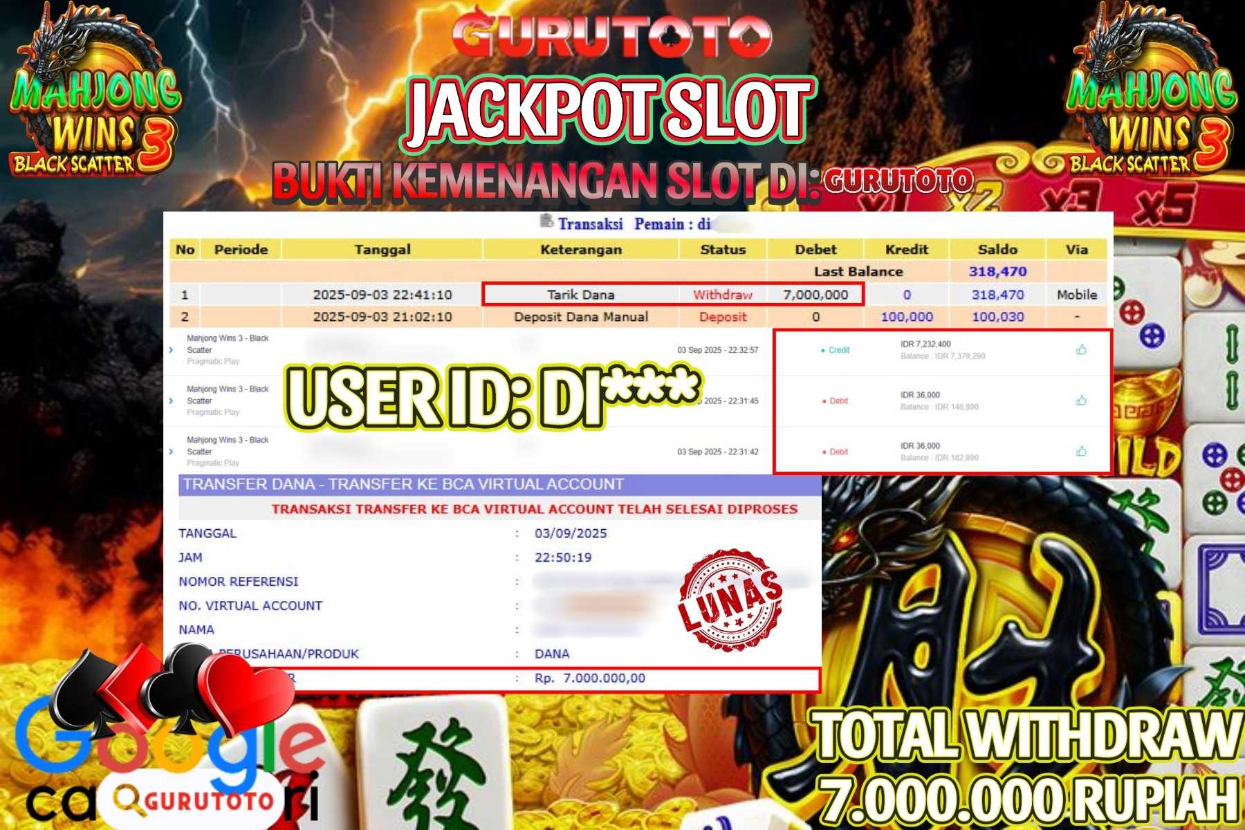 Bukti Kemenangan Rp 7.000.000 SLOT MAHJONG WINS 3 di GURUTOTO!