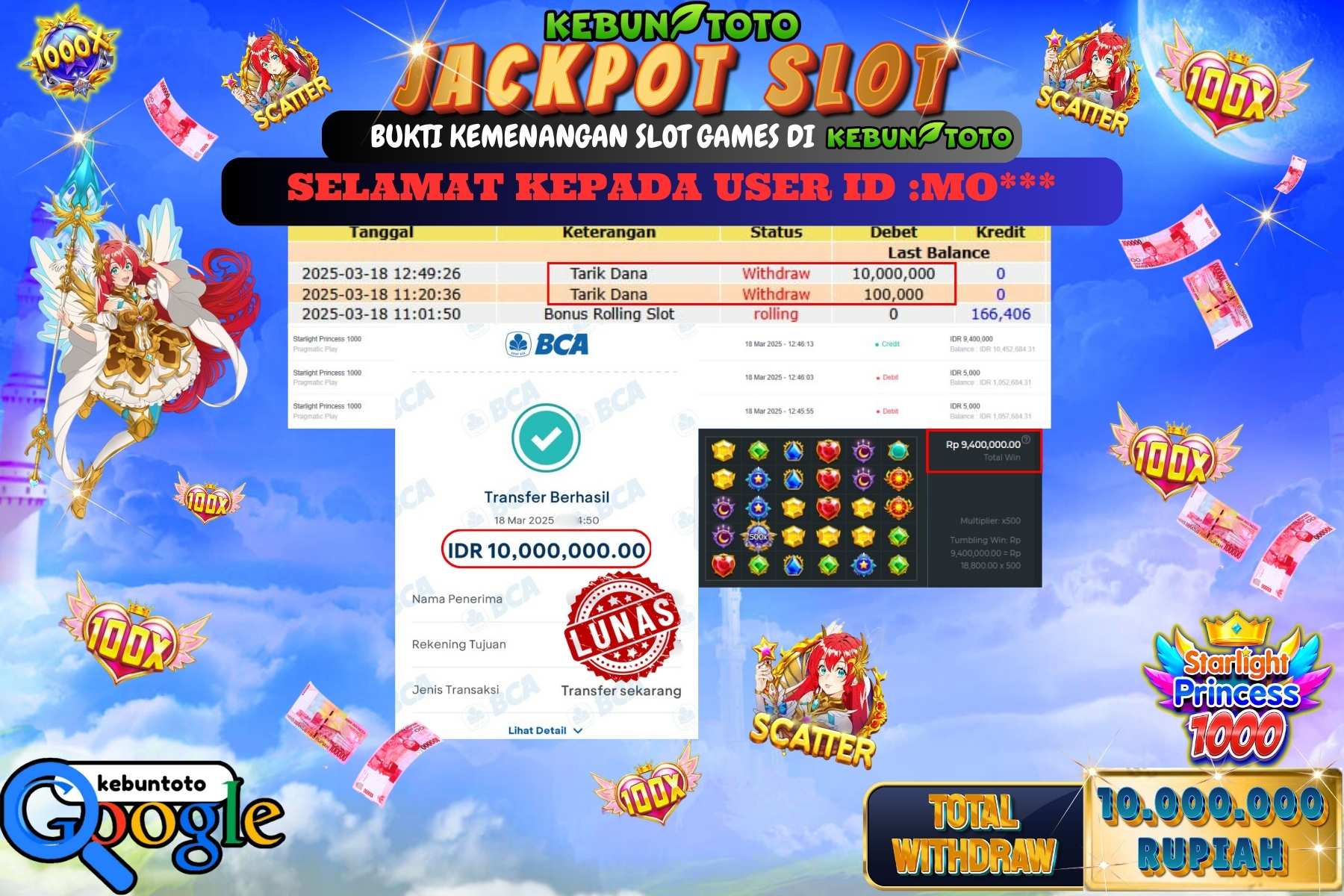 KEBUNTOTO JACKPOT, SLOT STARLIGHT PRINCESS 1000 Sebesar Rp 10.000.000,- LUNAS
