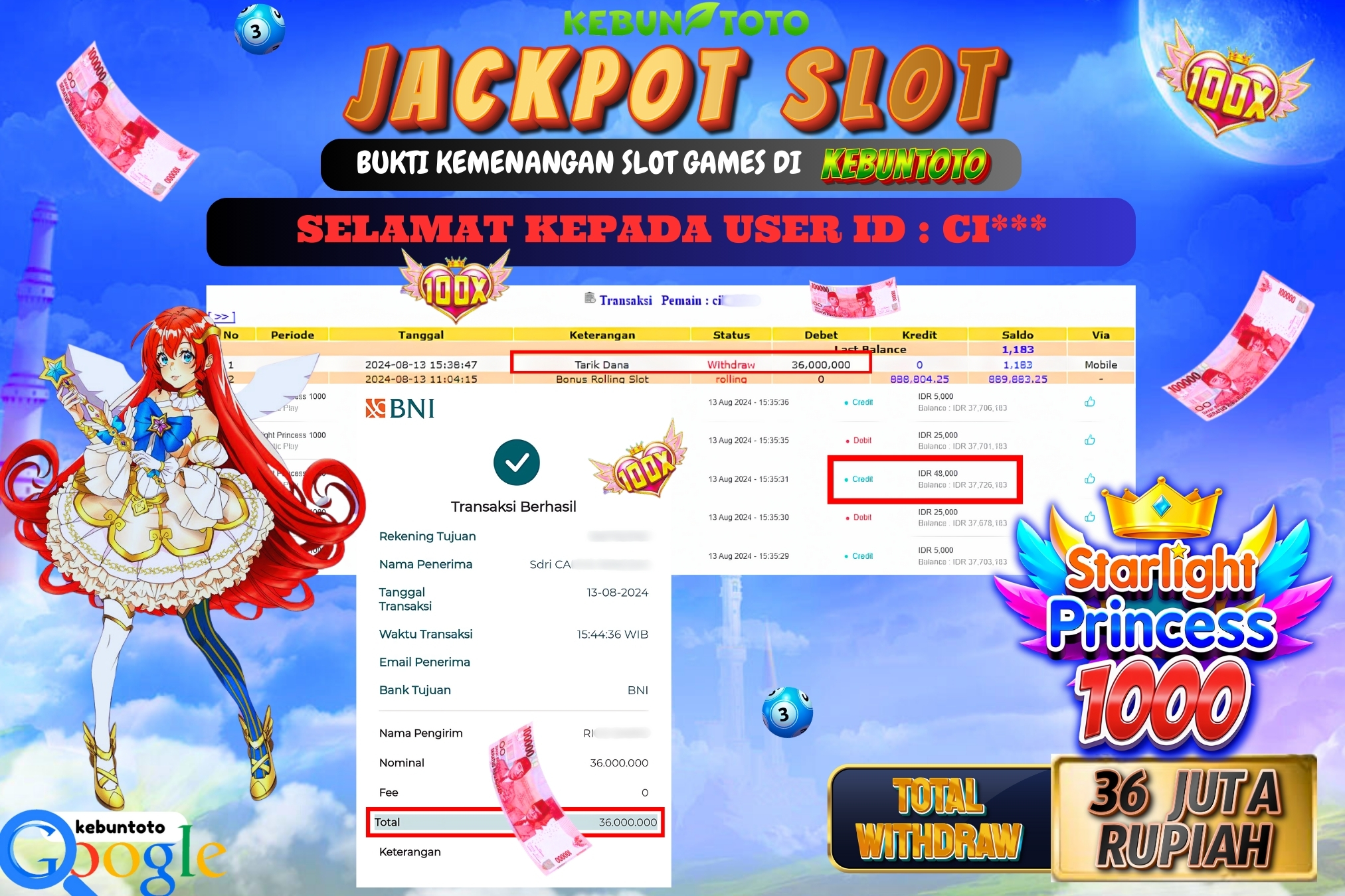 KEBUNTOTO JACKPOT SLOT STARLIGHT PRINCESS 1000 Rp.36.000.000,- LUNAS