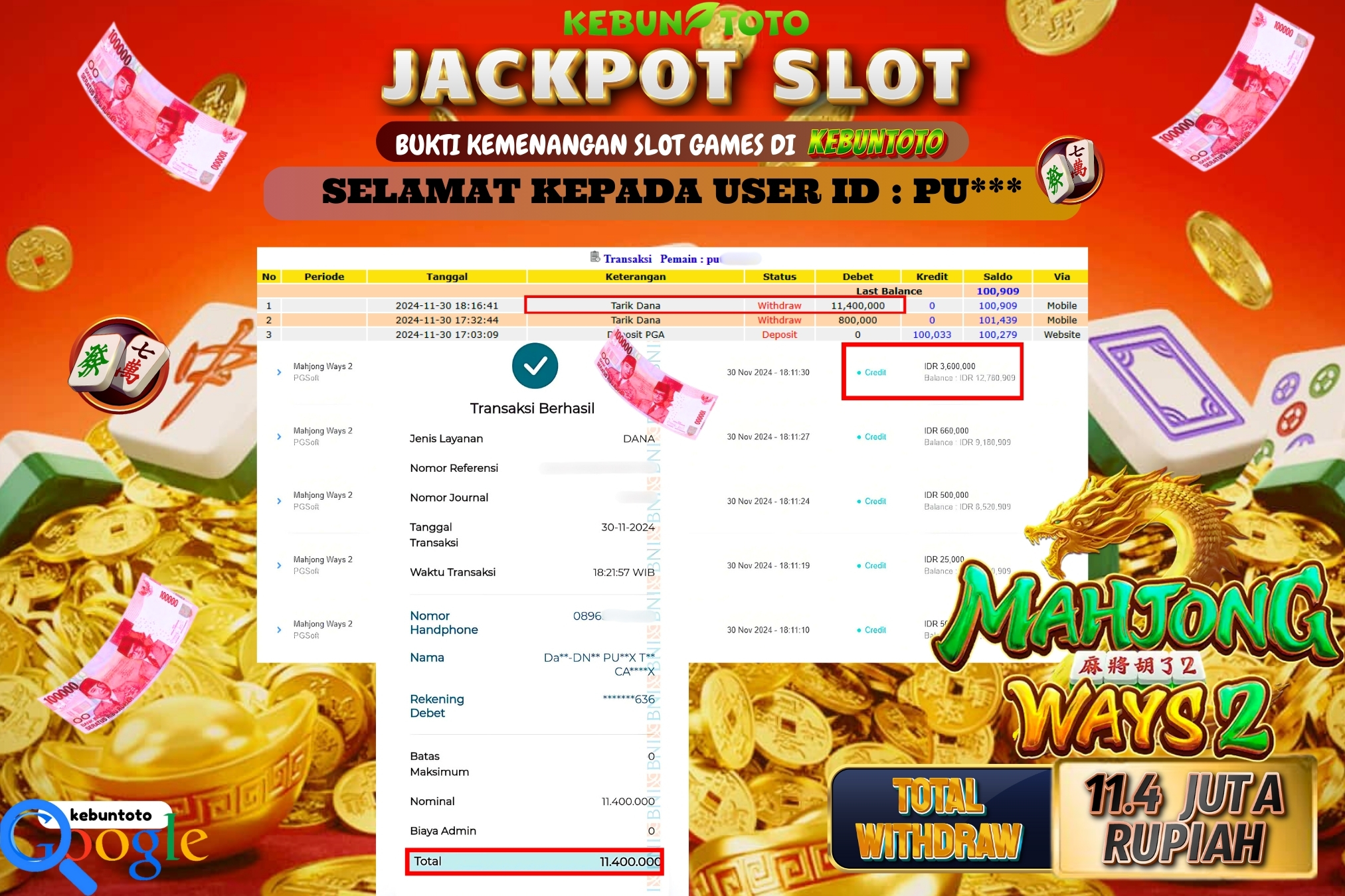 KEBUNTOTO JACKPOT SLOT MAHJONG WAYS 2 Rp.11.400.000,- LUNAS