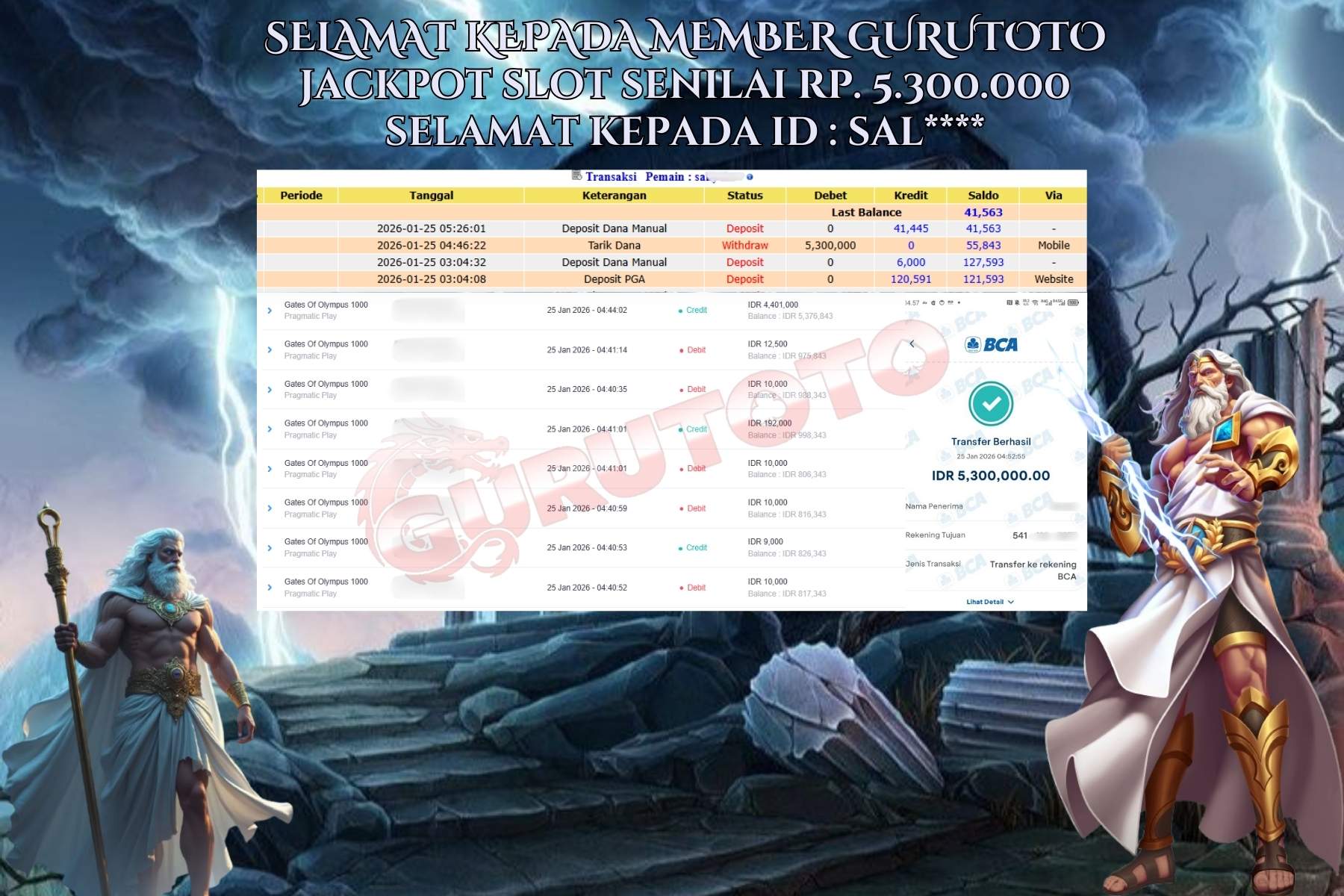 Bukti Kemenangan Rp 5.300.000 GATES OF OLYMPUS 1000 di GURUTOTO !