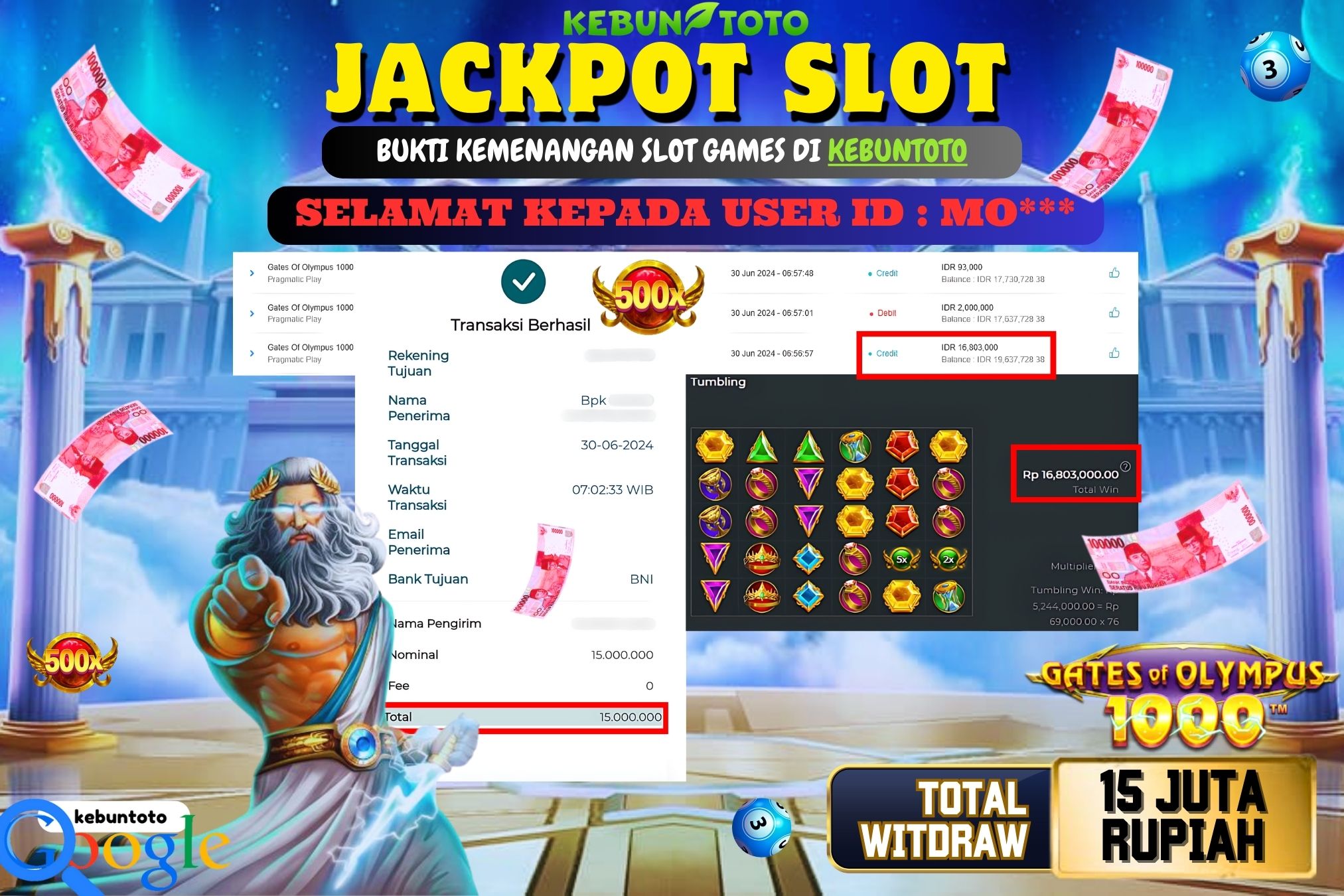 KEBUNTOTO JACKPOT SLOT GATES OF OLYMPUS 1000 Rp.15.000.000,- LUNAS