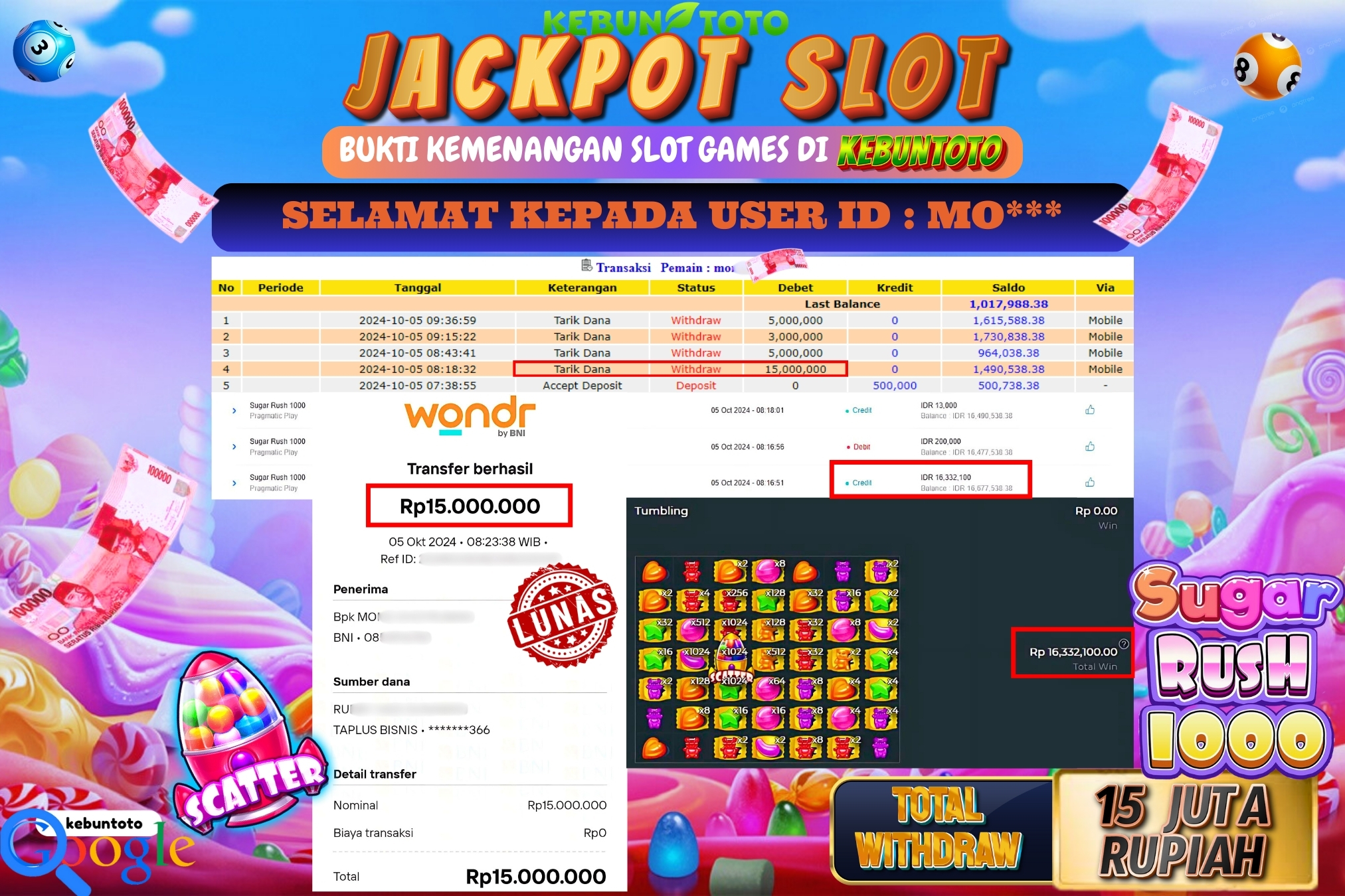 KEBUNTOTO JACKPOT SLOT SUGAR RUSH 1000 Rp.15.000.000,- LUNAS