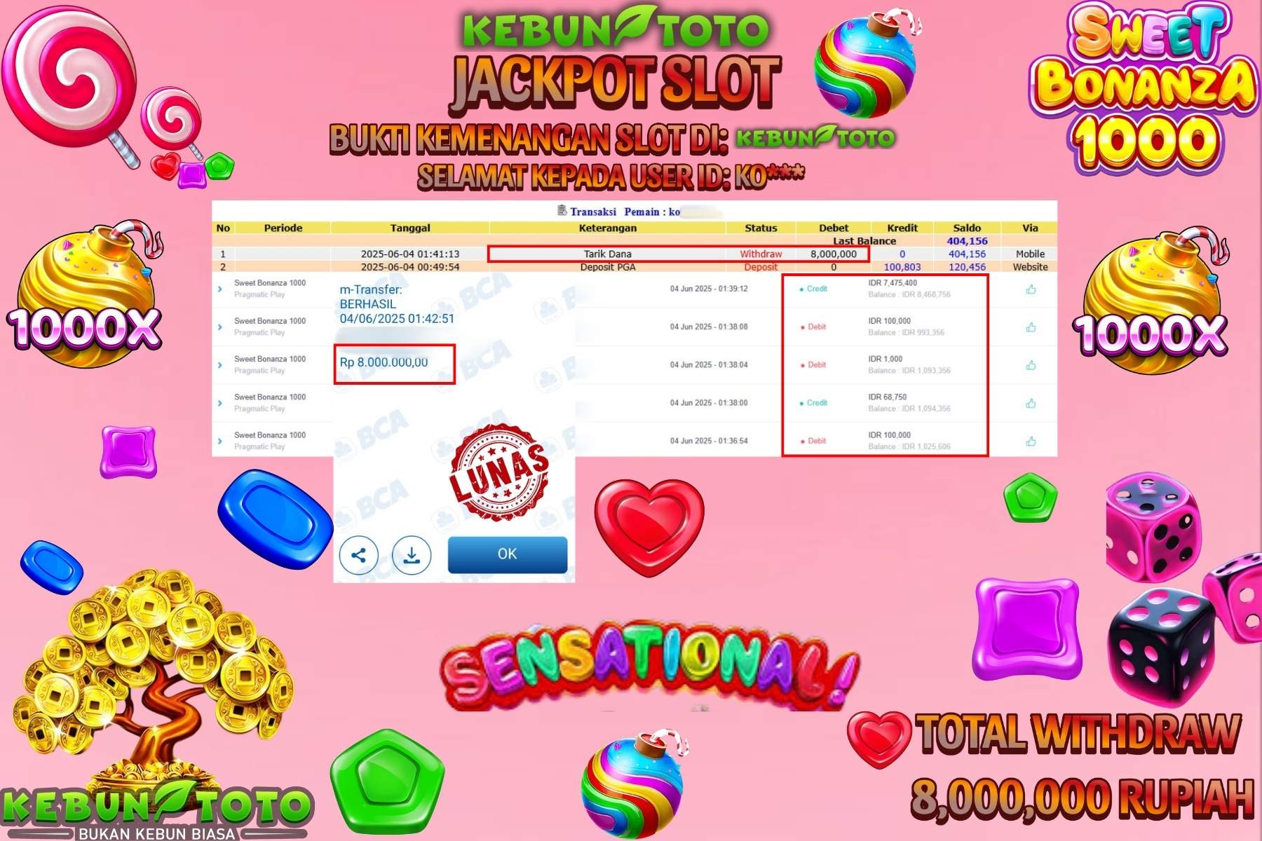 KEBUNTOTO JACKPOT SLOT SWEET BONANZA 1000 Rp 8.000.000,- LUNAS