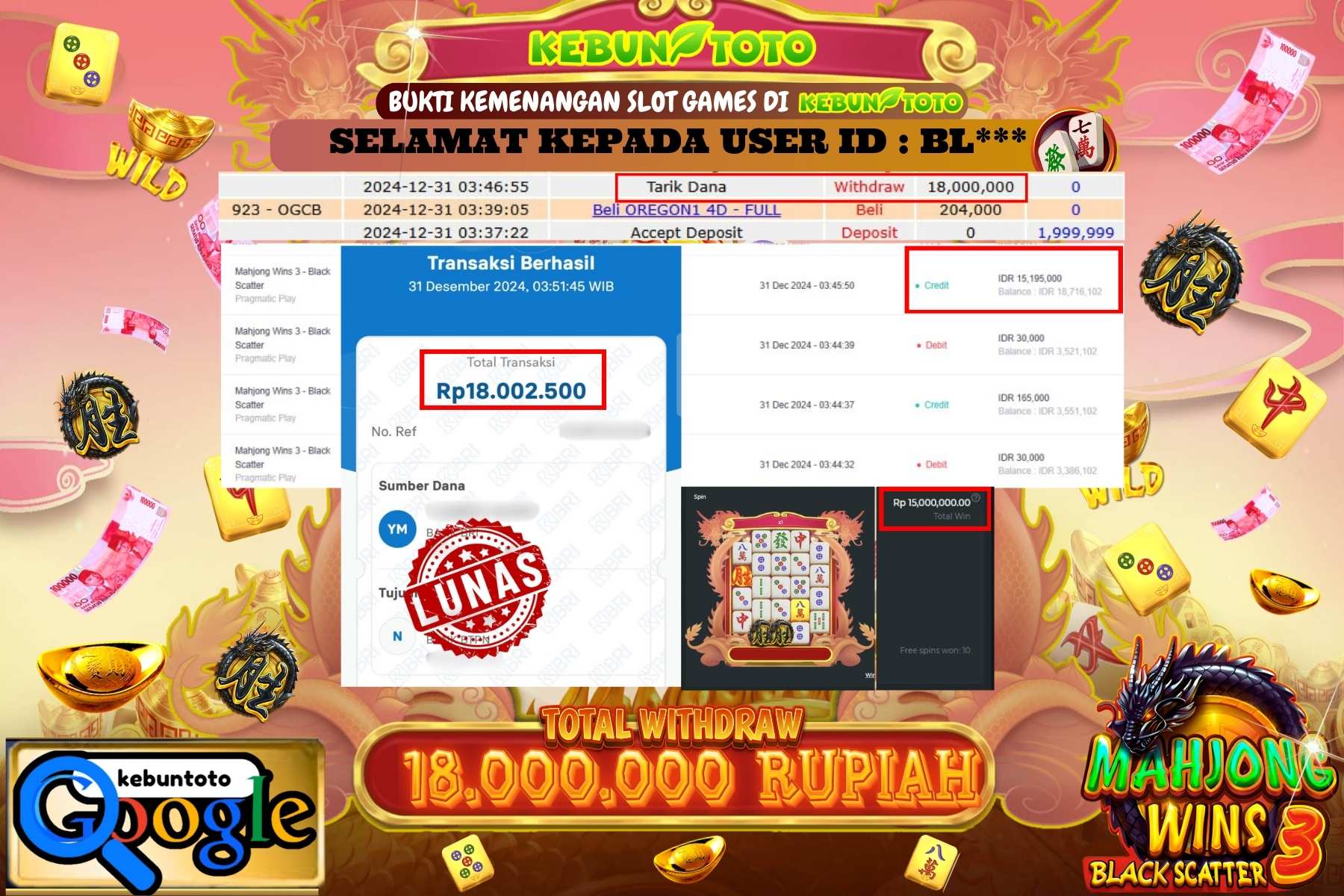 KEBUNTOTO JACKPOT SLOT MAHJONG WINS 3, Sebesar Rp.18.000.000,- LUNAS