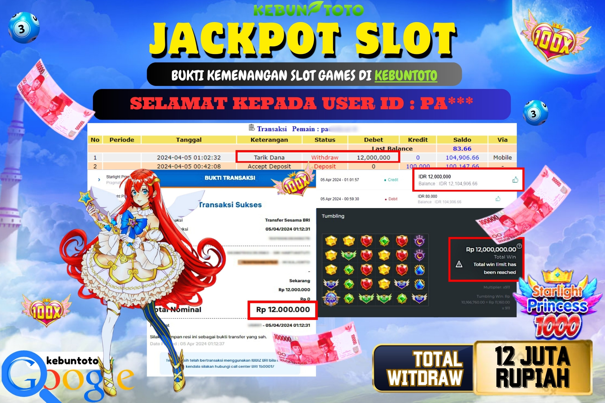 KEBUNTOTO JACKPOT SLOT STARLIGHT PRINCESS 1000 Rp.12.000.000,- LUNAS