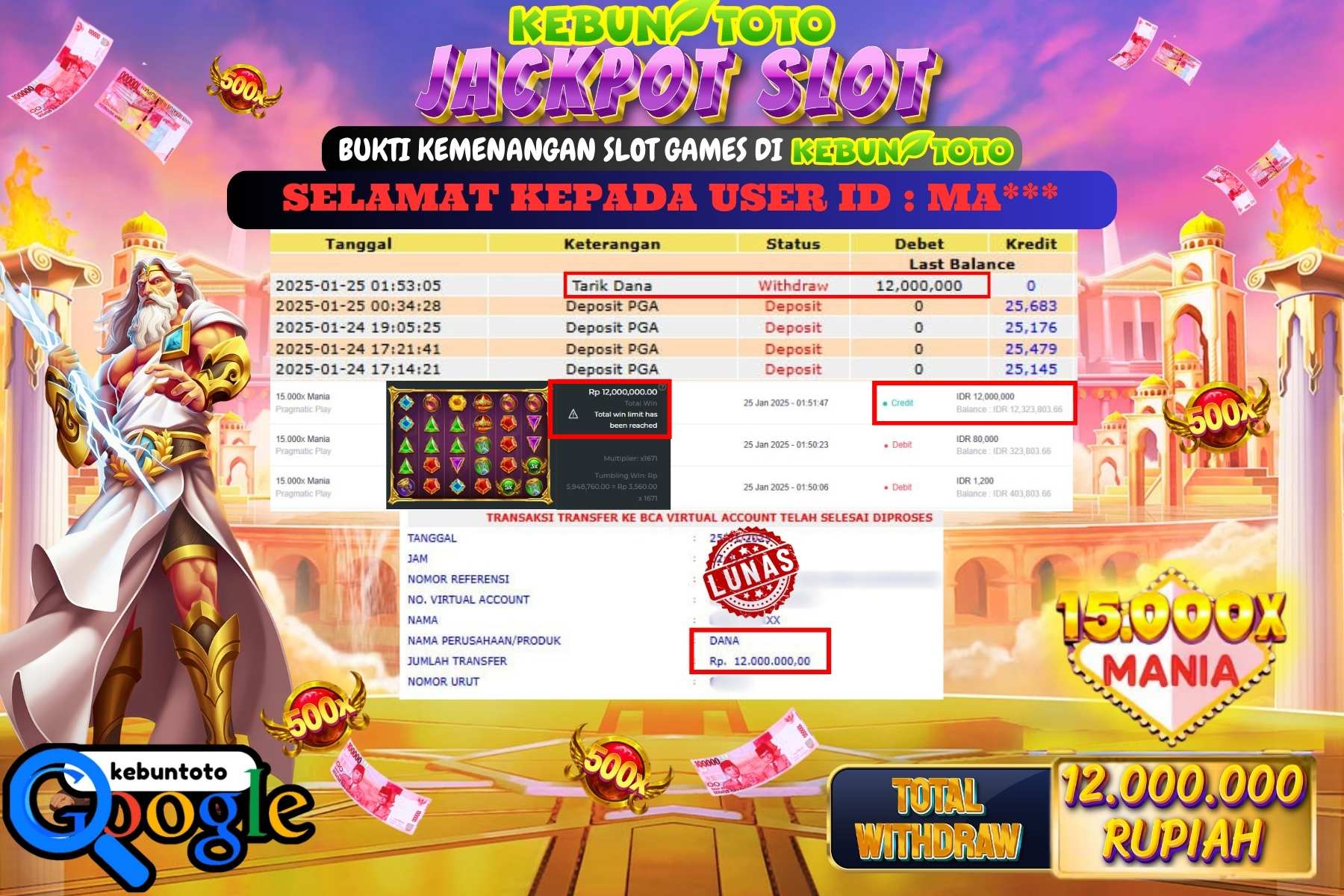 KEBUNTOTO JACKPOT SLOT 15.000X MANIA , Sebesar Rp.12.000.000,- LUNAS