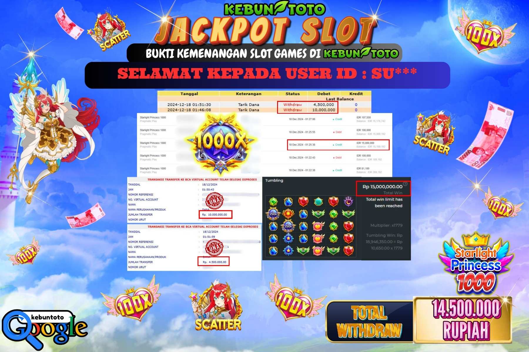KEBUNTOTO JACKPOT SLOT STARLIGHT PRINCESS 1000 , Sebesar Rp.14.500.000,- LUNAS