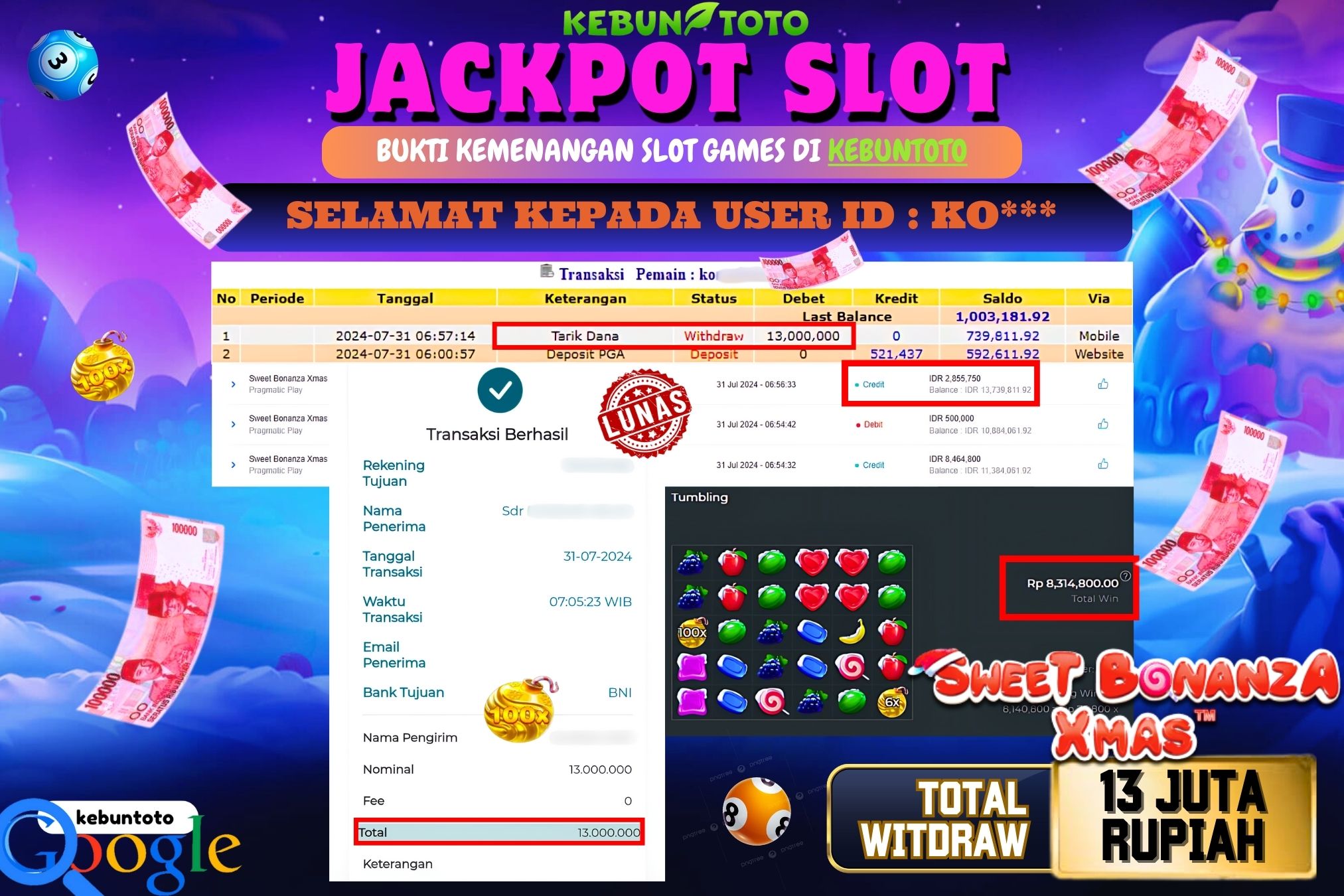 KEBUNTOTO JACKPOT SLOT SWEET BONANZA XMAS Rp.13.000.000,- LUNAS
