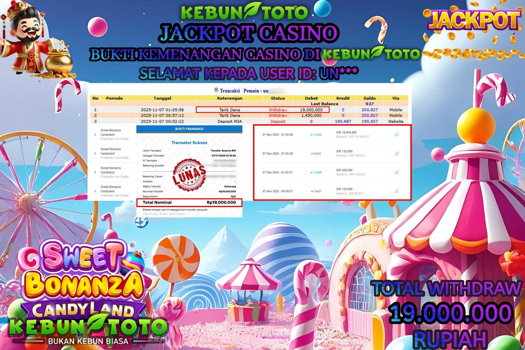 Bukti Kemenangan Rp 19.000.000 CASINO SWEET BONANZA CANDYLAND di KEBUNTOTO!