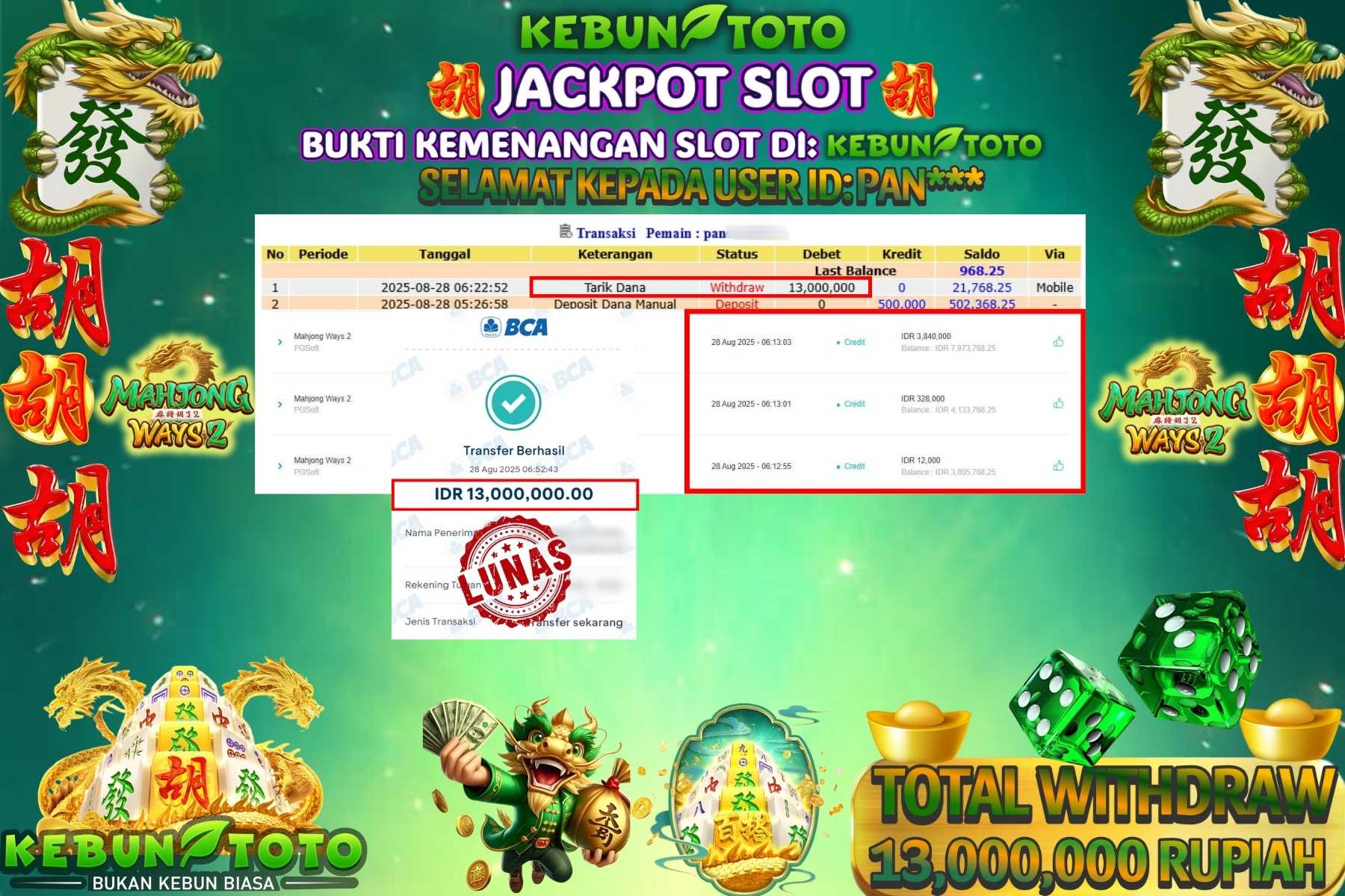 Bukti Kemenangan Rp 13.000.000 SLOT MAHJONG WAYS 2 di KEBUNTOTO!