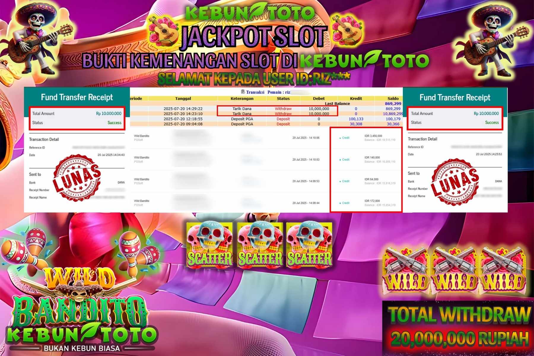 Bukti Kemenangan Rp 20.000.000 SLOT WILD BANDITO di KEBUNTOTO!