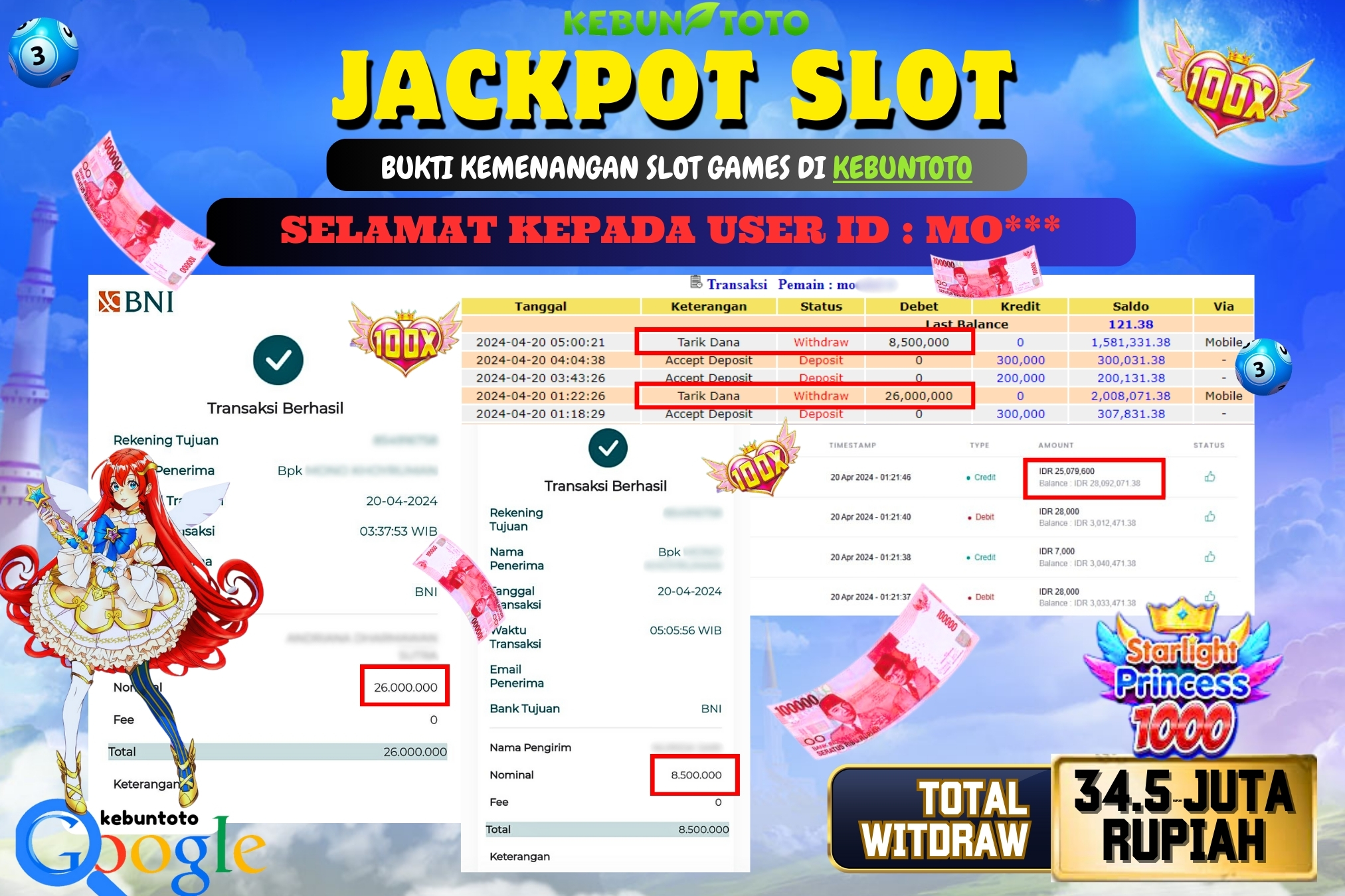 KEBUNTOTO JACKPOT SLOT STARLIGHT PRINCESS 1000 Rp.34.500.000,- LUNAS