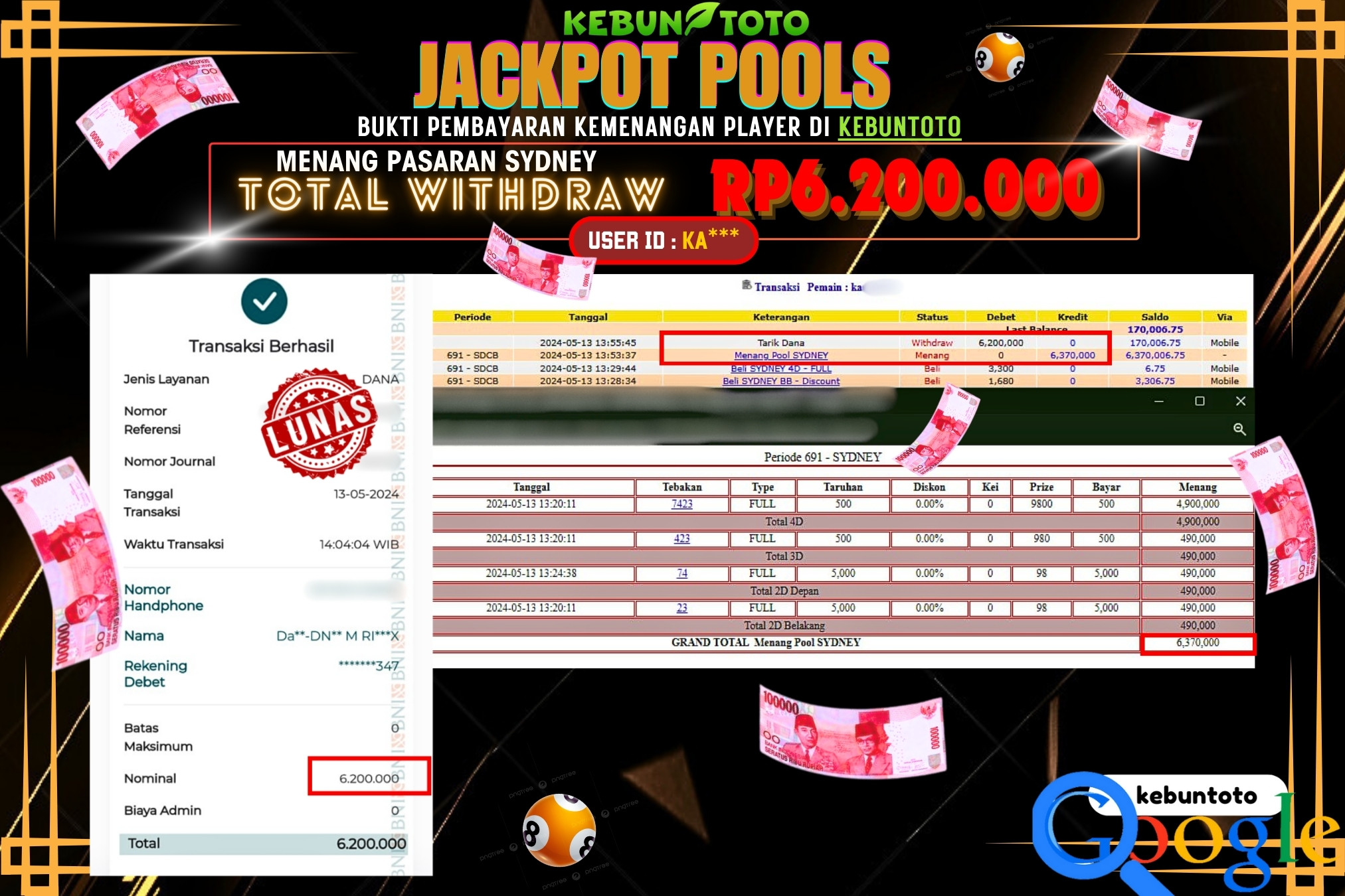 KEBUNTOTO JACKPOT TOGEL PASARAN SYDNEY Rp.6.200.000,- LUNAS