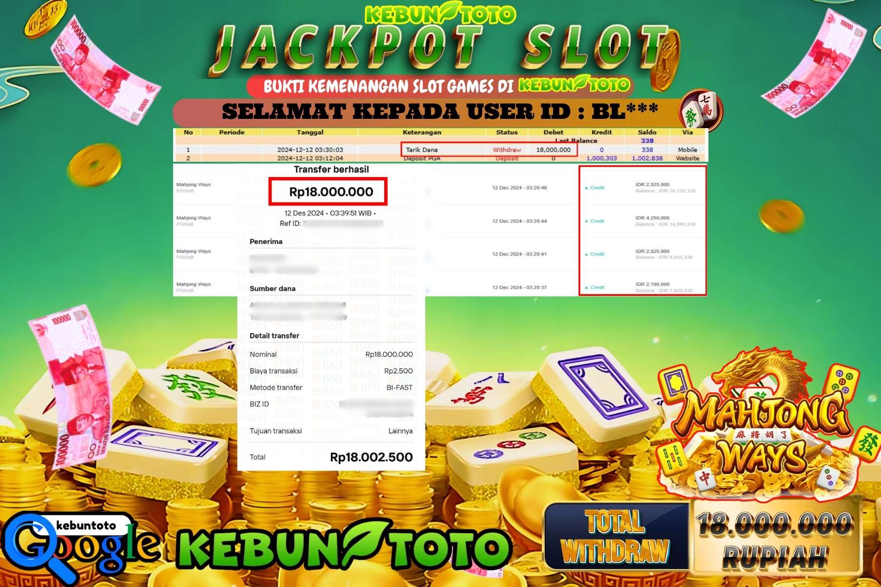 KEBUNTOTO JACKPOT SLOT MAHJONG WAYS , Sebesar Rp.18.000.000,- LUNAS
