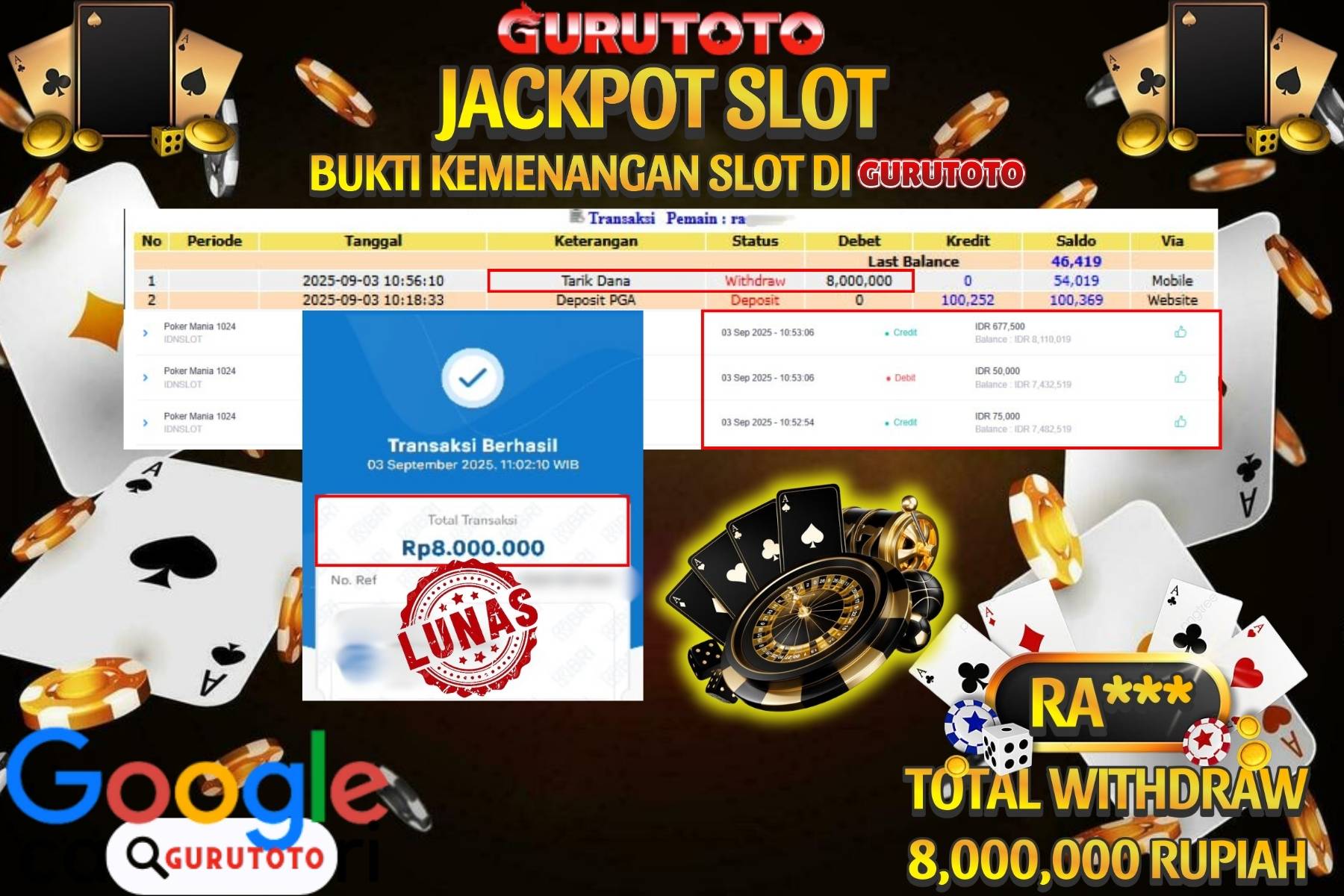 Bukti Kemenangan Rp 8.000.000 SLOT POKER MANIA 1024 di GURUTOTO!