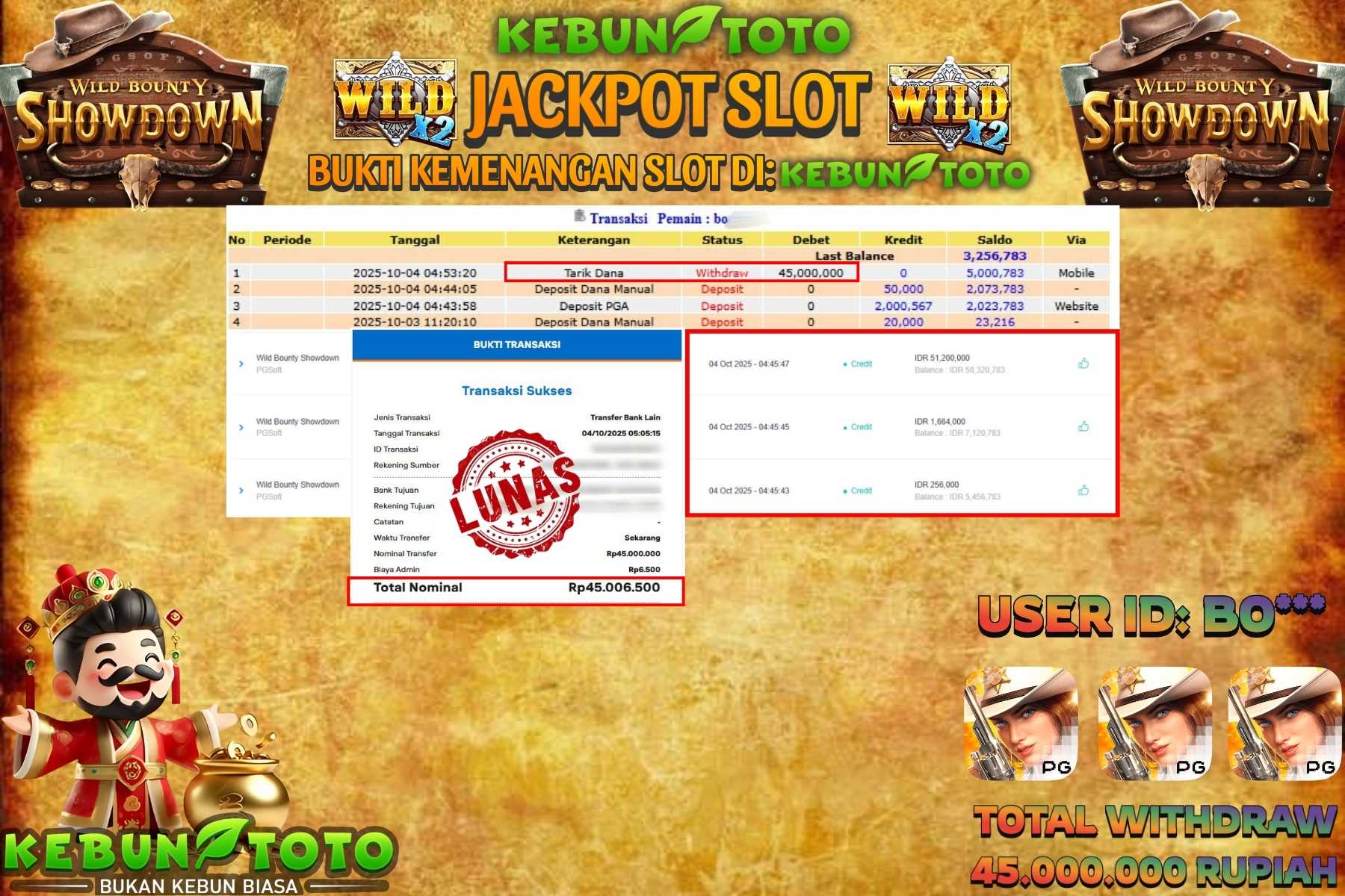 Bukti Kemenangan Rp 45.000.000 SLOT WILD BOUNTY SHOWDOWN di KEBUNTOTO!