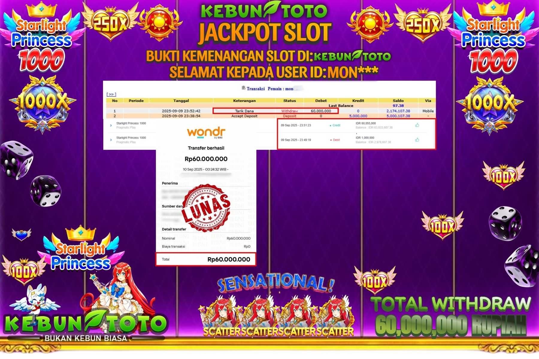 Bukti Kemenangan Rp 10.000.000 SLOT STARLIGHT PRINCESS 1000 di KEBUNTOTO!