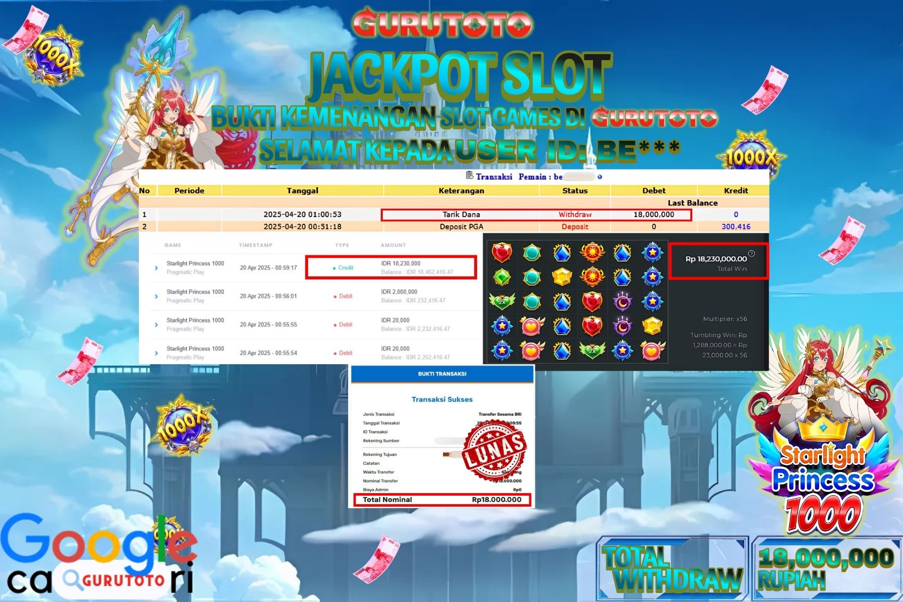 GURUTOTO JACKPOT, SLOT STARLIGHT PRINCESS 1000 , Sebesar Rp 18.000.000,- LUNAS