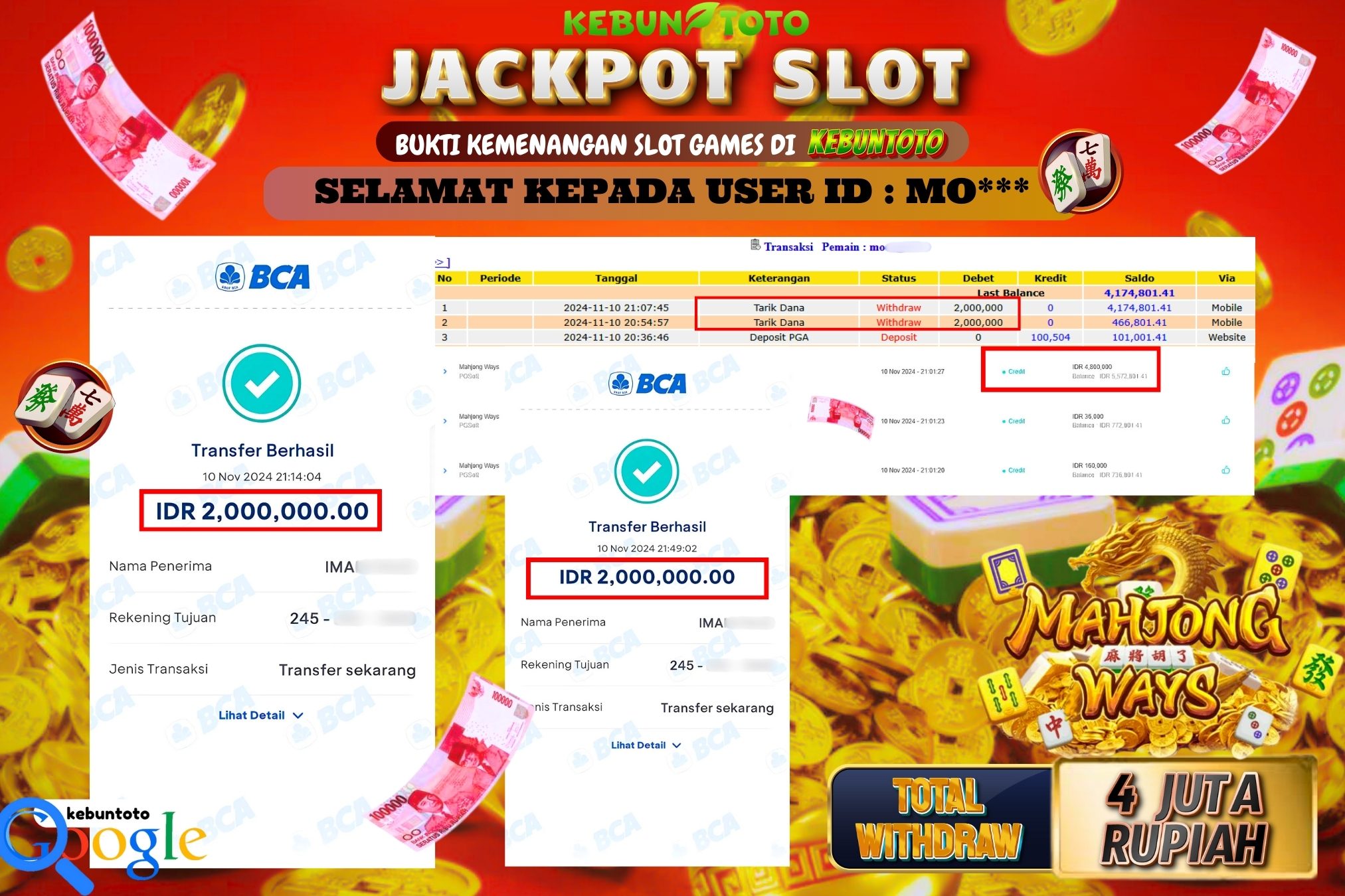 KEBUNTOTO JACKPOT SLOT MAHJONG WAYS Rp.4.000.000,- LUNAS