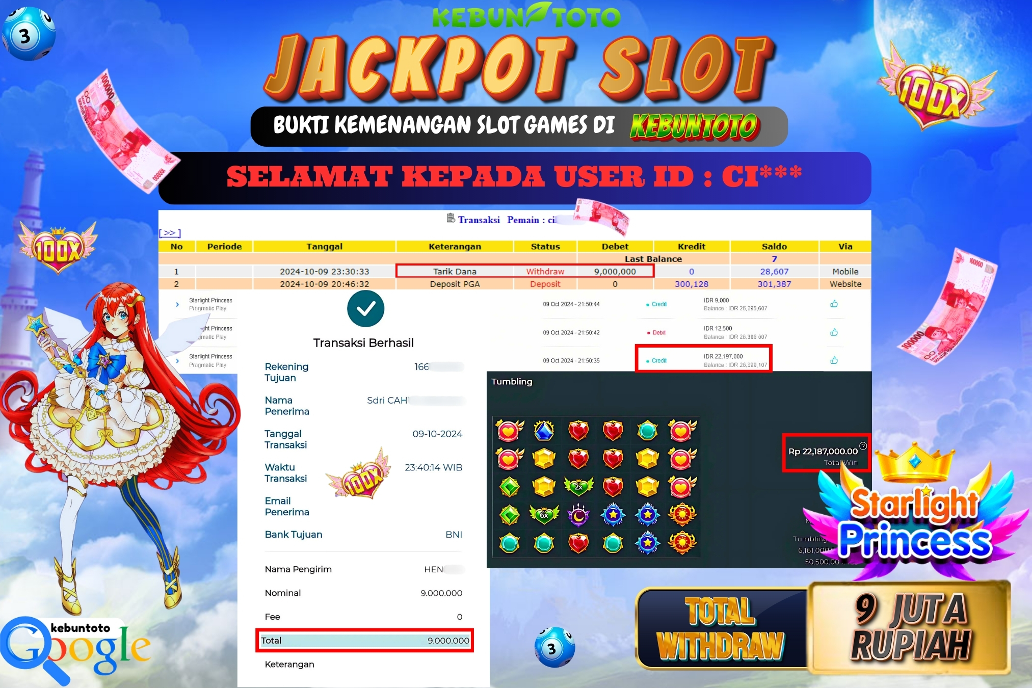 KEBUNTOTO JACKPOT SLOT STARLIGHT PRINCESS Rp.9.000.000,- LUNAS