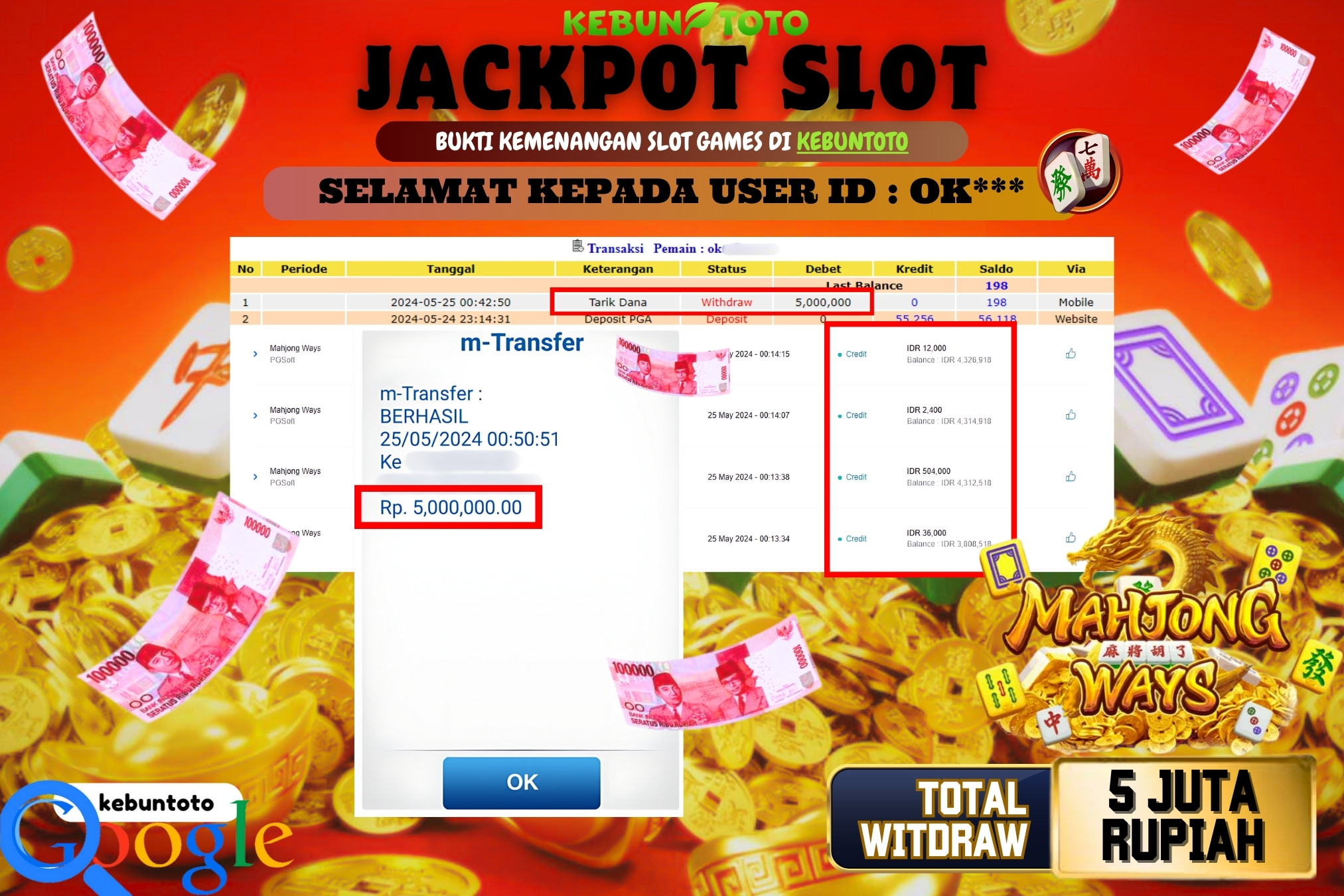 KEBUNTOTO JACKPOT SLOT MAHJONG WAYS Rp.5.000.000,- LUNAS
