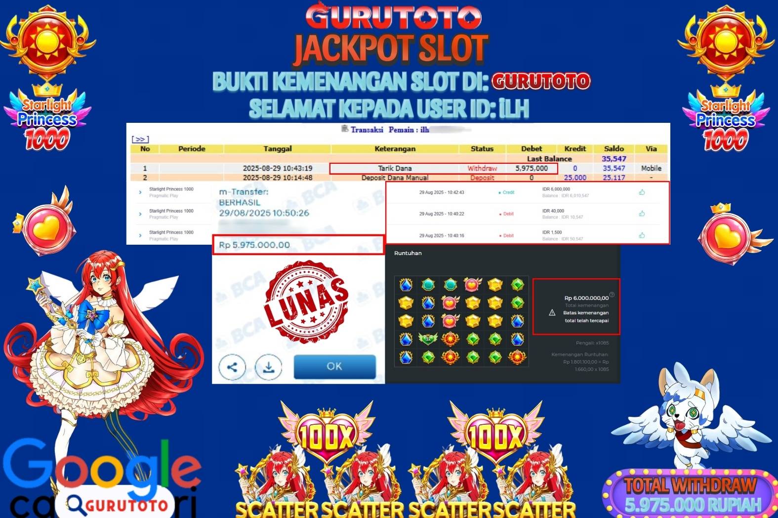 Bukti Kemenangan Rp 5.975.000 SLOT STARLIGHT PRINCESS 1000 di GURUTOTO!