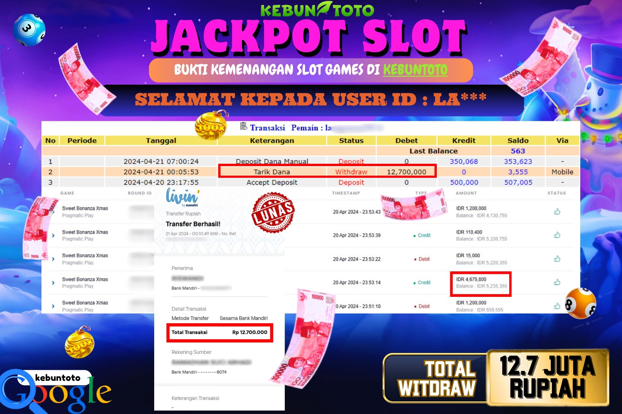 KEBUNTOTO JACKPOT SLOT SWEET BONANZA XMAS Rp.12.700.000,- LUNAS