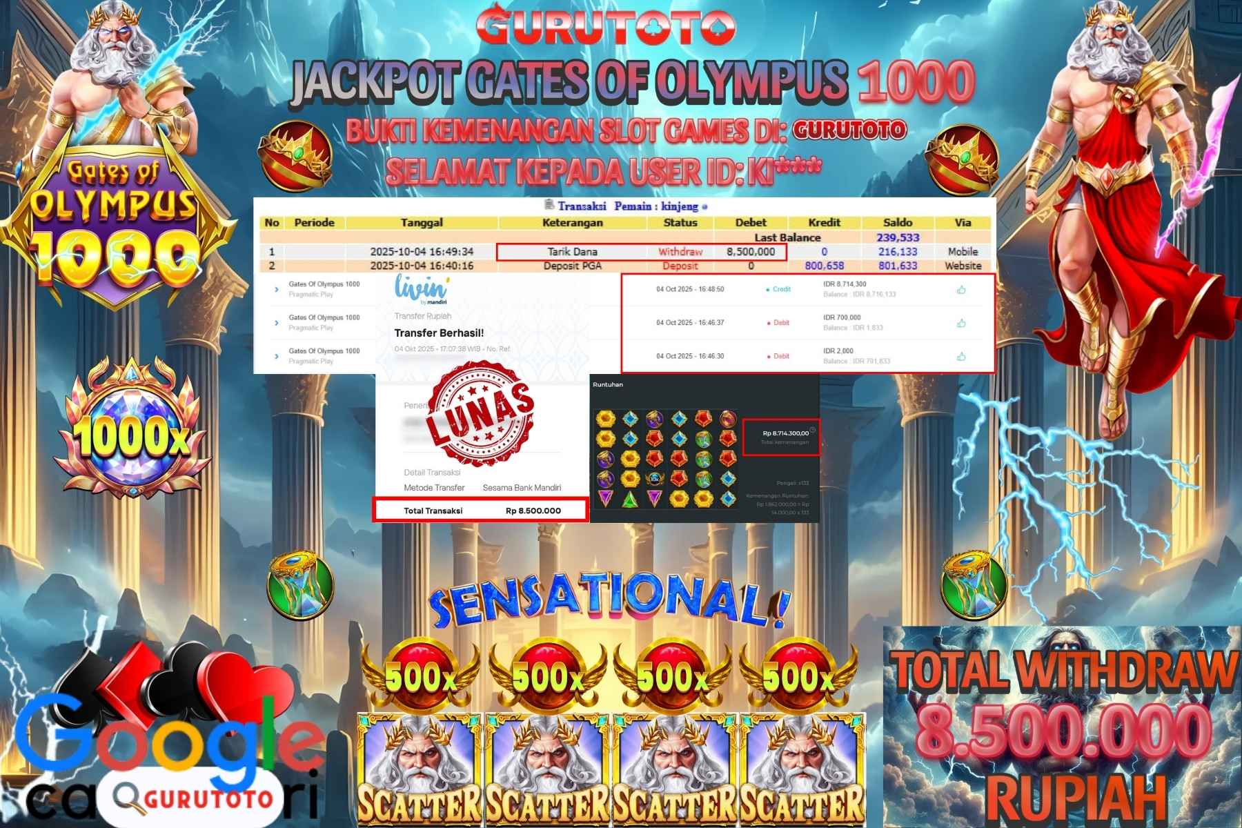 Bukti Kemenangan Rp 8.500.000 SLOT GATES OF OLYMPUS 1000 di GURUTOTO!
