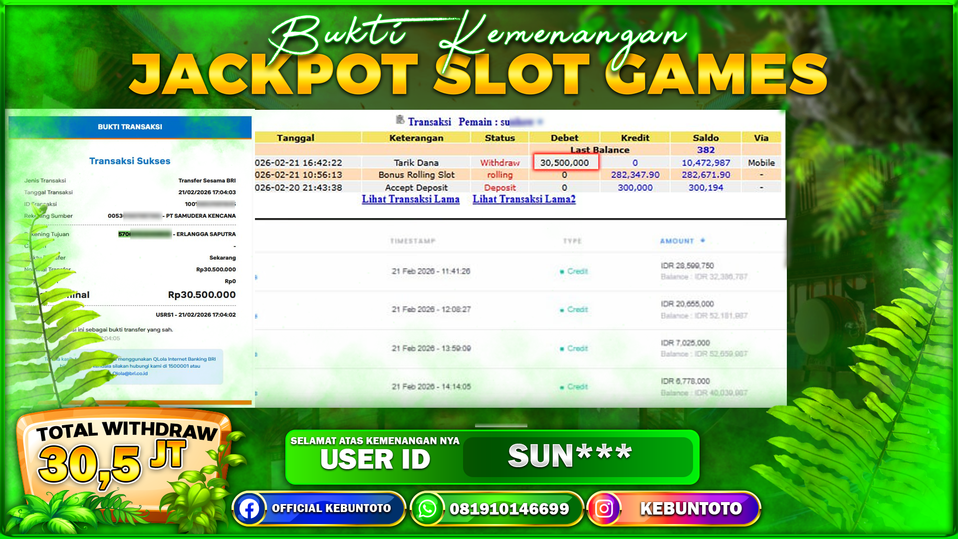 Bukti Kemenangan Rp 30.500.000 SLOT DI KEBUNTOTO!