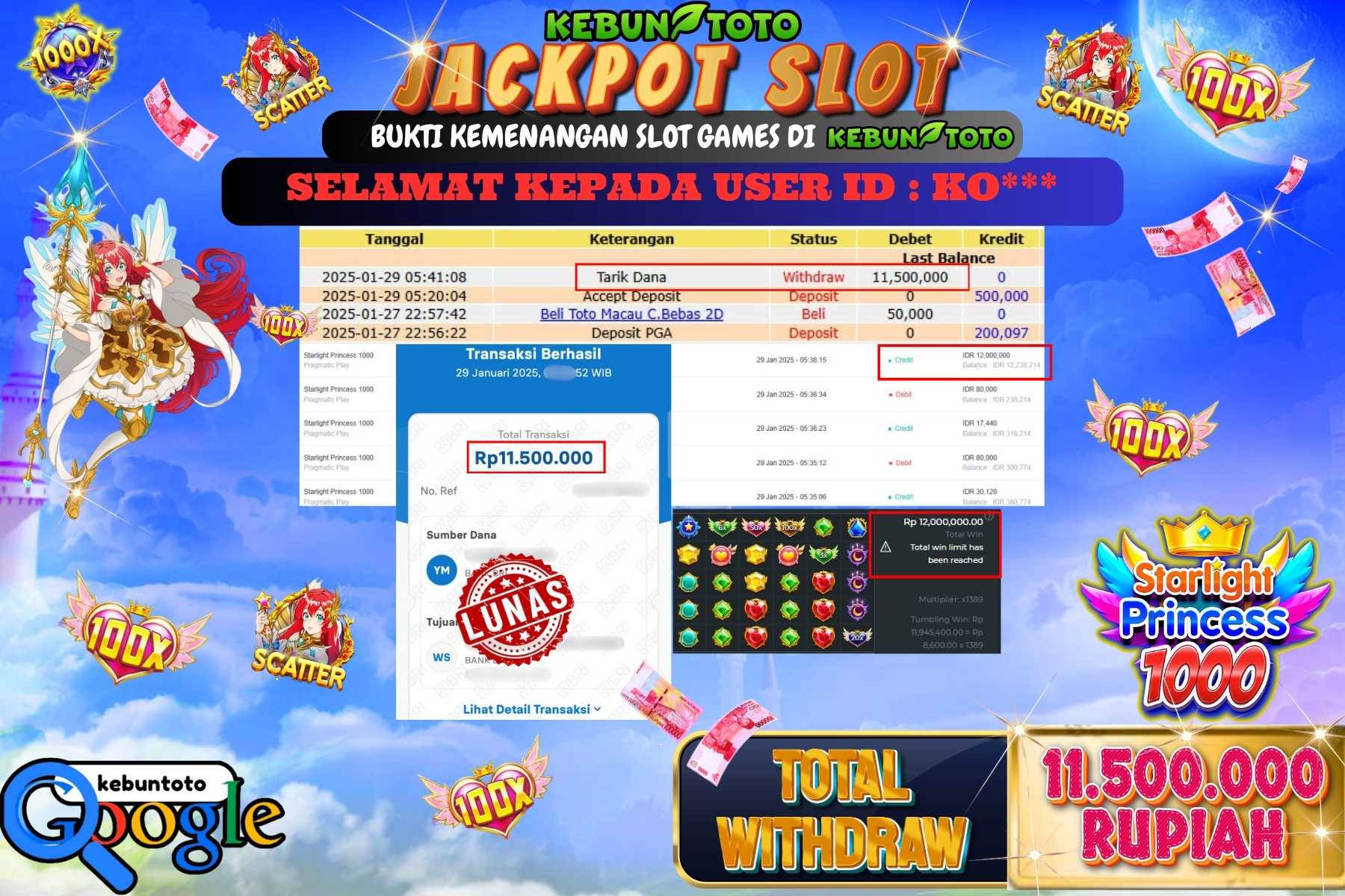 KEBUNTOTO JACKPOT SLOT STARLIGHT PRINCESS 1000 , Sebesar Rp 11.500.000,- LUNAS