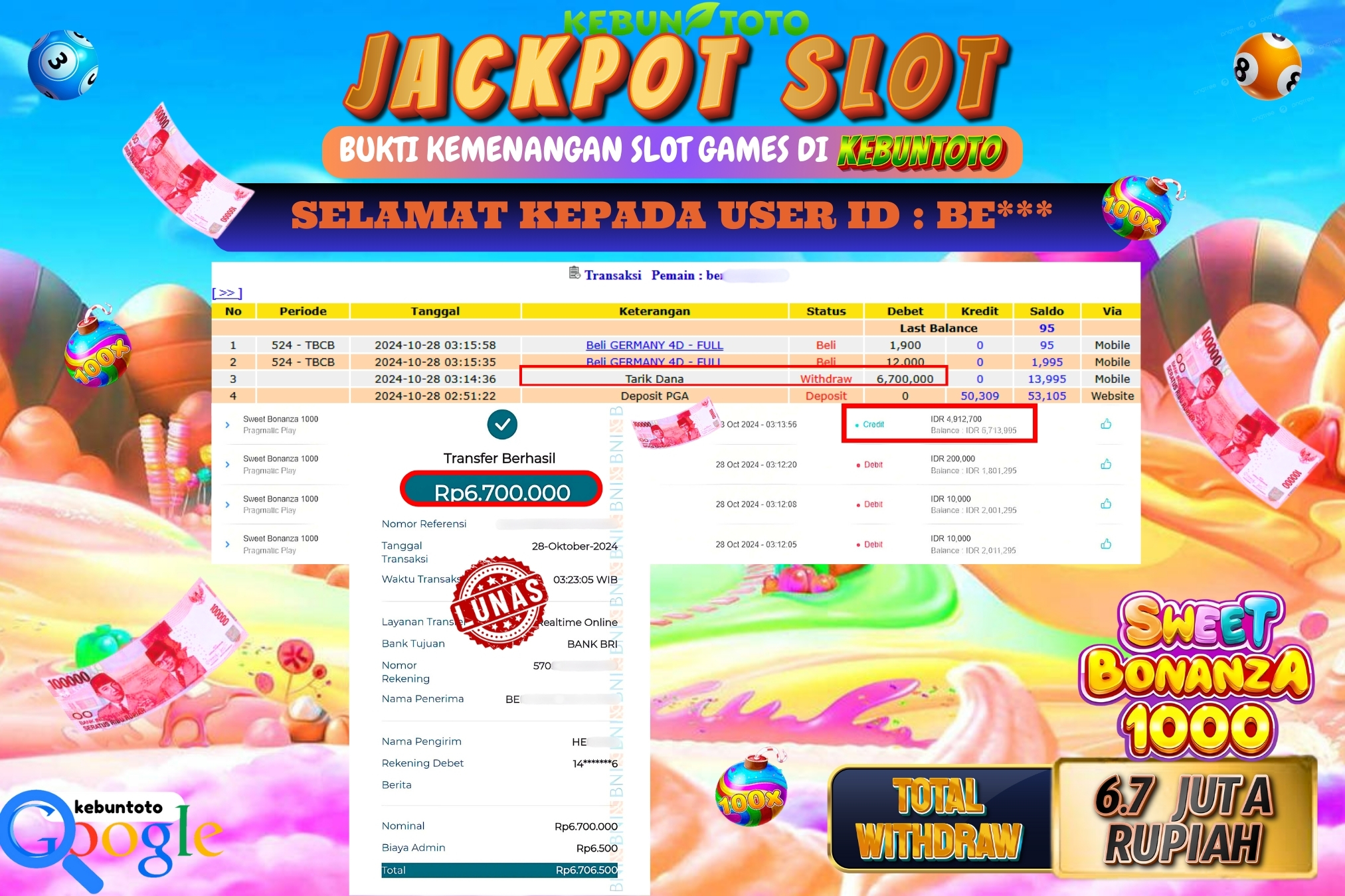 KEBUNTOTO JACKPOT SLOT SWEET BONANZA 1000 Rp.6.700.000,- LUNAS