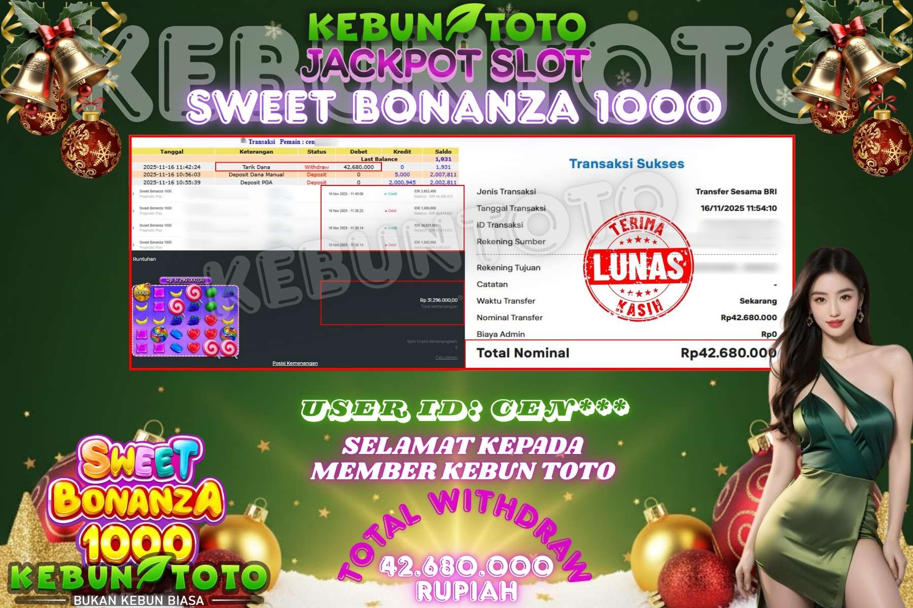 Bukti Kemenangan Rp 42.680.000 SLOT SWEET BONANZA 1000 di KEBUNTOTO!