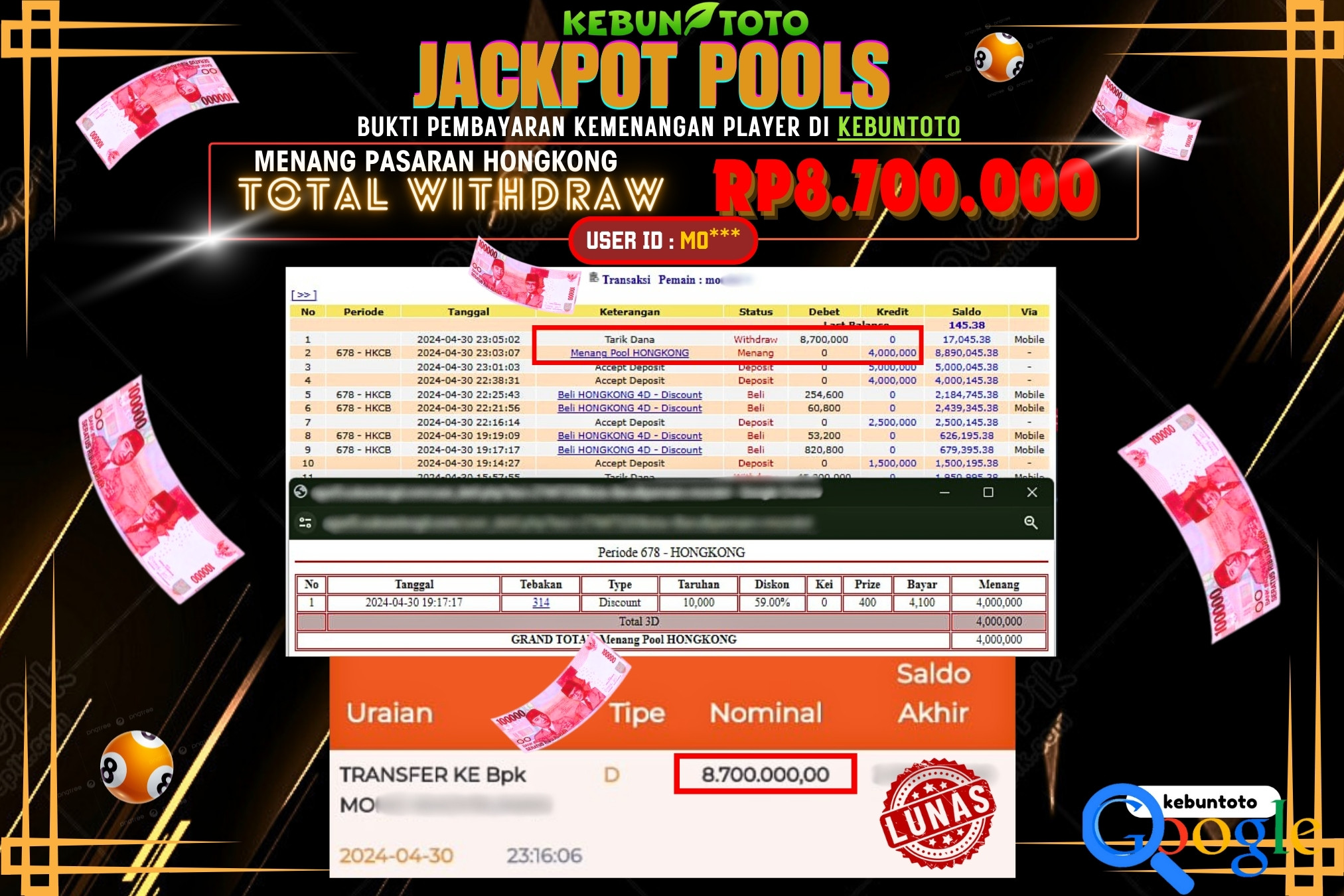 KEBUNTOTO JACKPOT TOGEL PASARAN HONGKONG Rp.8.700.000,- LUNAS