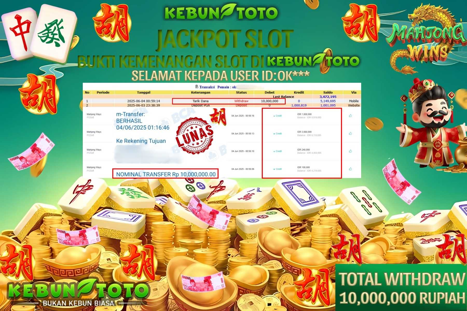 KEBUNTOTO JACKPOT SLOT MAHJONG WAYS Rp 10.000.000,- LUNAS