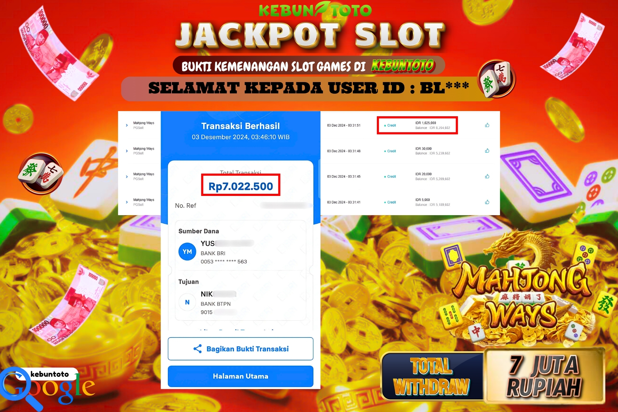 KEBUNTOTO JACKPOT SLOT MAHJONG WAYS Rp.7.020.000,- LUNAS