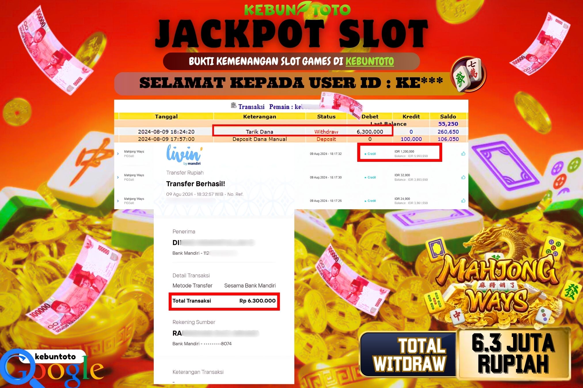 KEBUNTOTO JACKPOT SLOT MAHJONG WAYS Rp.6.300.000,- LUNAS