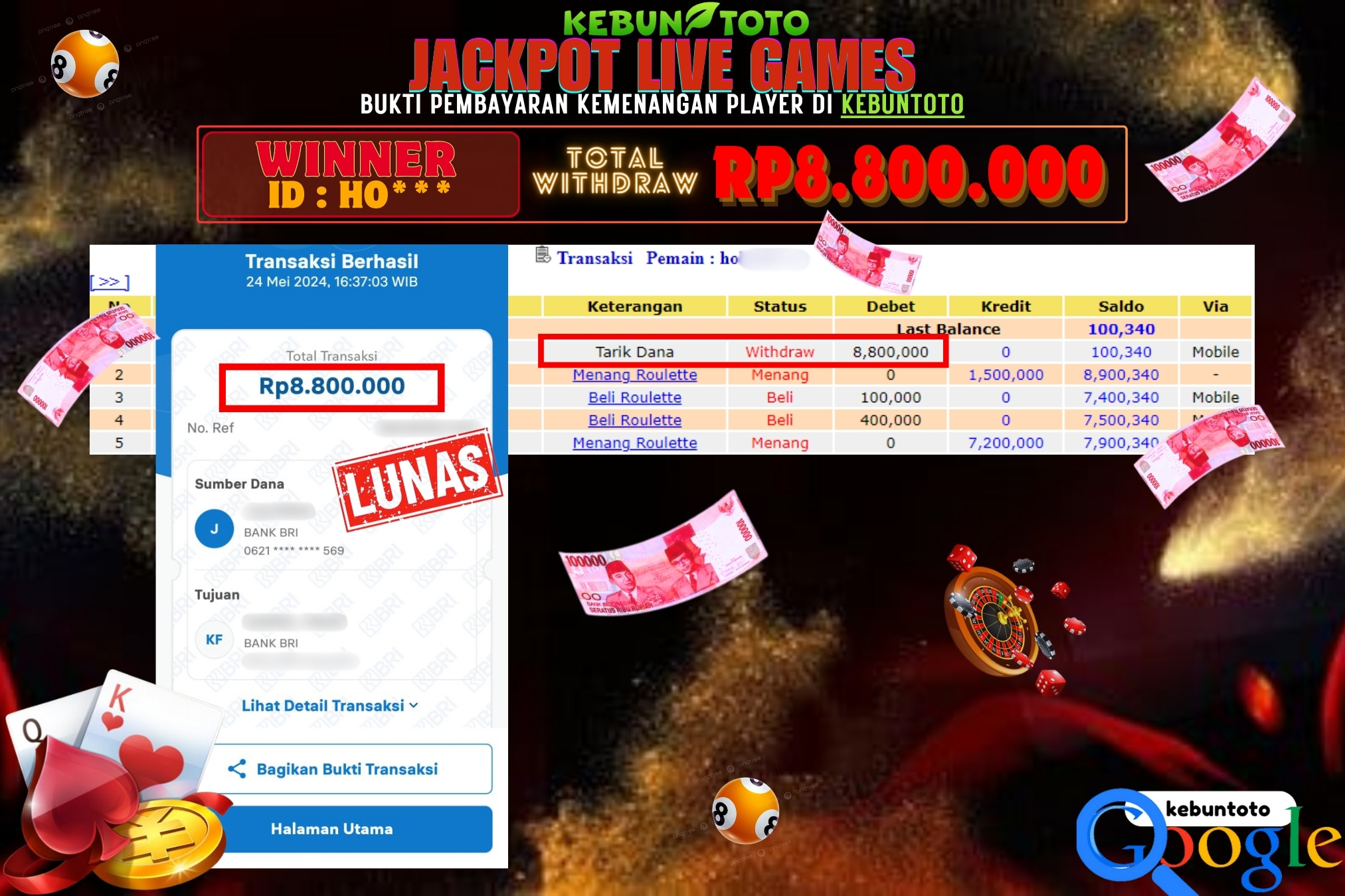 KEBUNTOTO JACKPOT LIVE GAMES ROULETTE Rp.8.800.000,- LUNAS