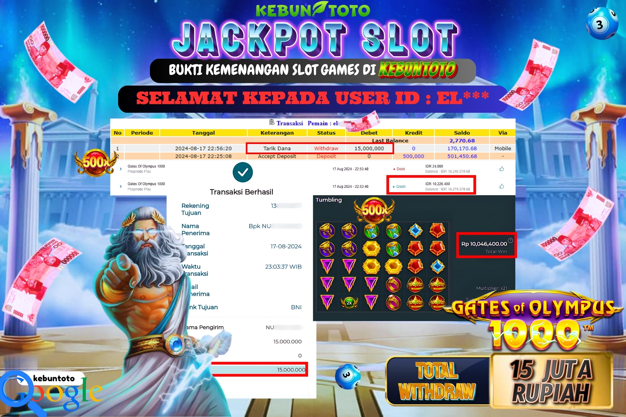 KEBUNTOTO JACKPOT SLOT GATES OF OLYMPUS 1000 Rp.15.000.000,- LUNAS