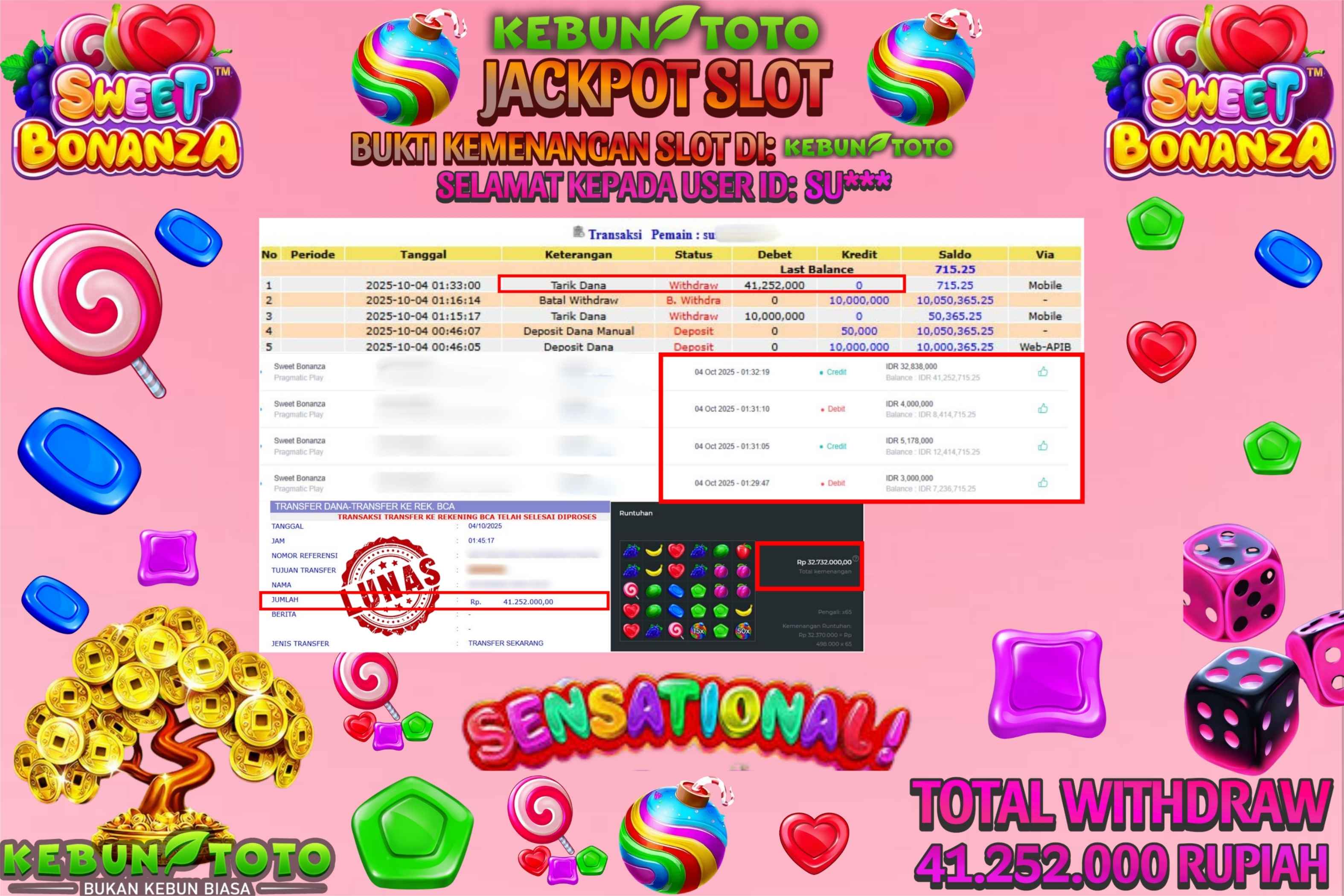 Bukti Kemenangan Rp 41.252.000 SLOT SWEET BONANZA di KEBUNTOTO!