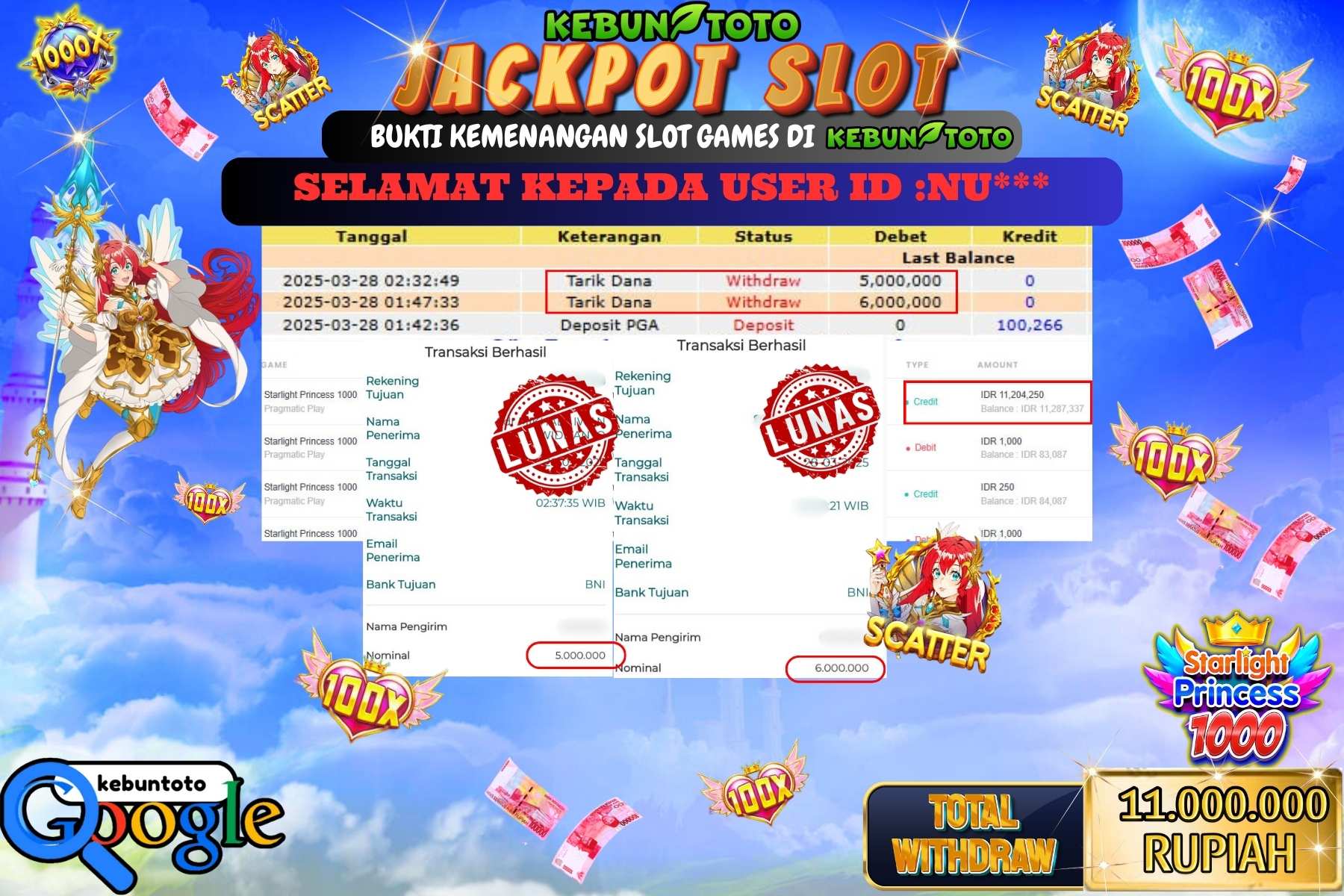 KEBUNTOTO JACKPOT, SLOT STARLIGHT PRINCESS 1000 Sebesar Rp 11.000.000,- LUNAS